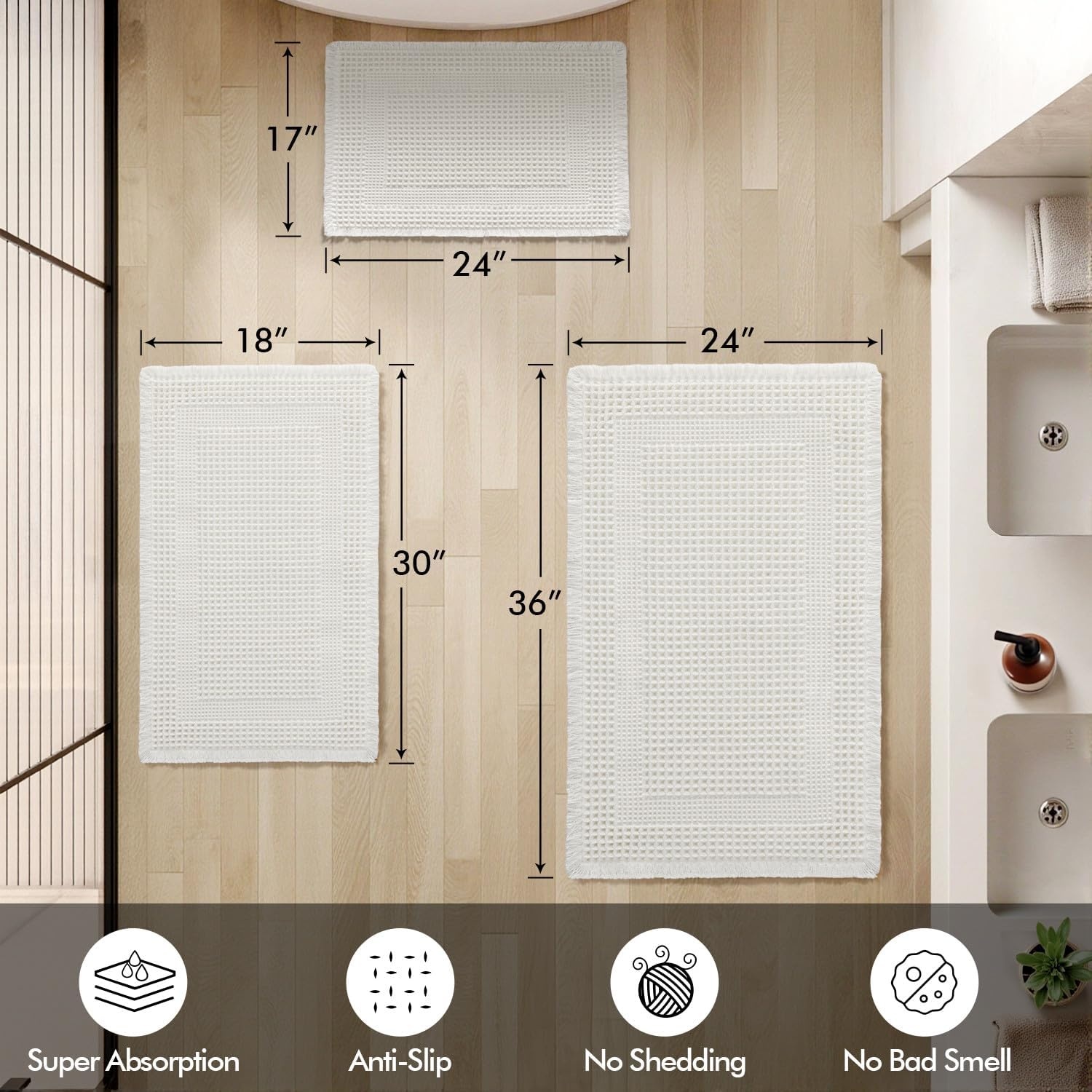 image:imageMIULEE Fall Terracotta Set of 2 Waffle Bathroom Rugs Boho Bath Mat 17x24 in Looped Design Super Absorbent Non Slip Washable Ultra Soft Rubber Backed Bathroom Mats for Floor Tub Shower Fall decorWhite