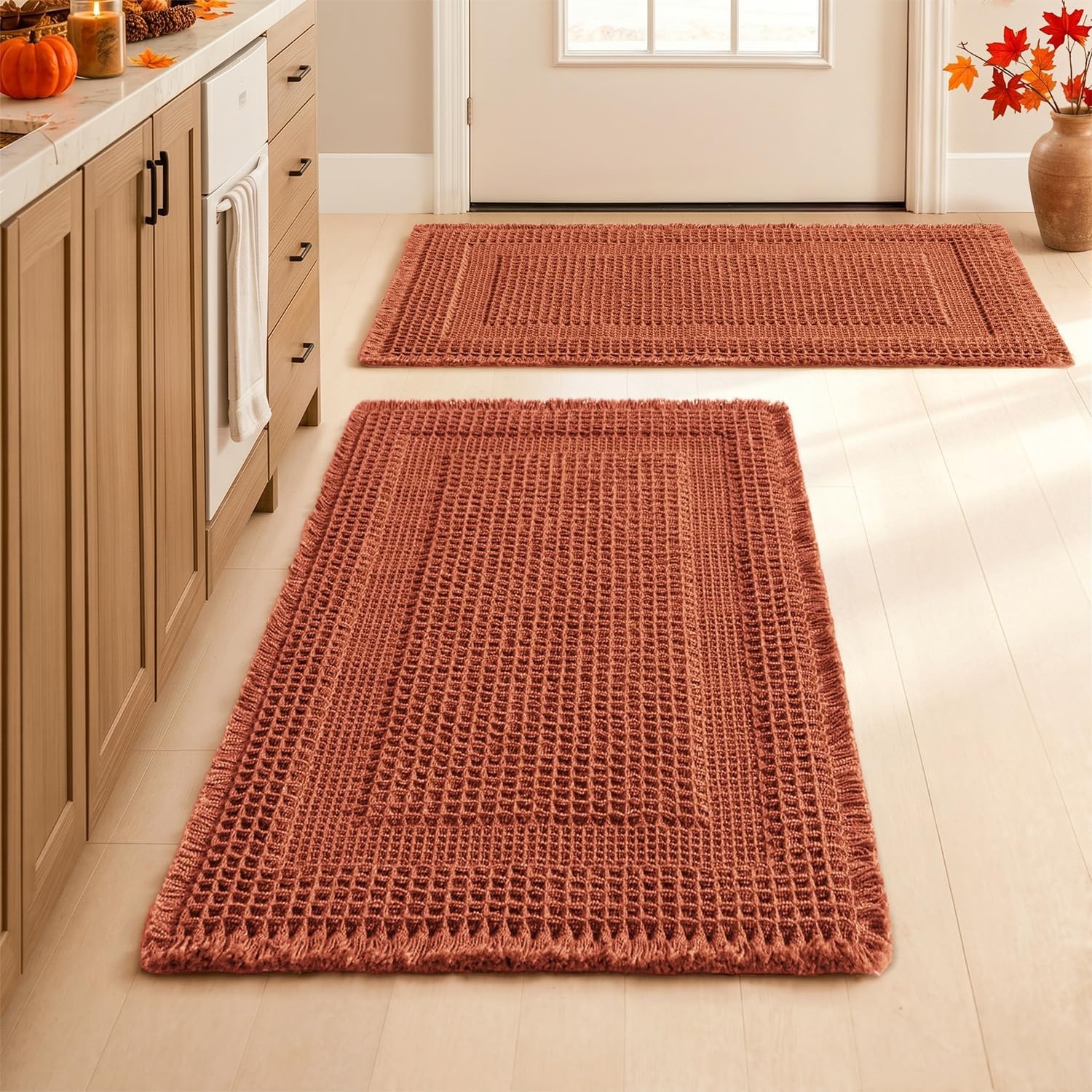 image:imageMIULEE Fall Terracotta Set of 2 Waffle Bathroom Rugs Boho Bath Mat 17x24 in Looped Design Super Absorbent Non Slip Washable Ultra Soft Rubber Backed Bathroom Mats for Floor Tub Shower Fall decorOrange