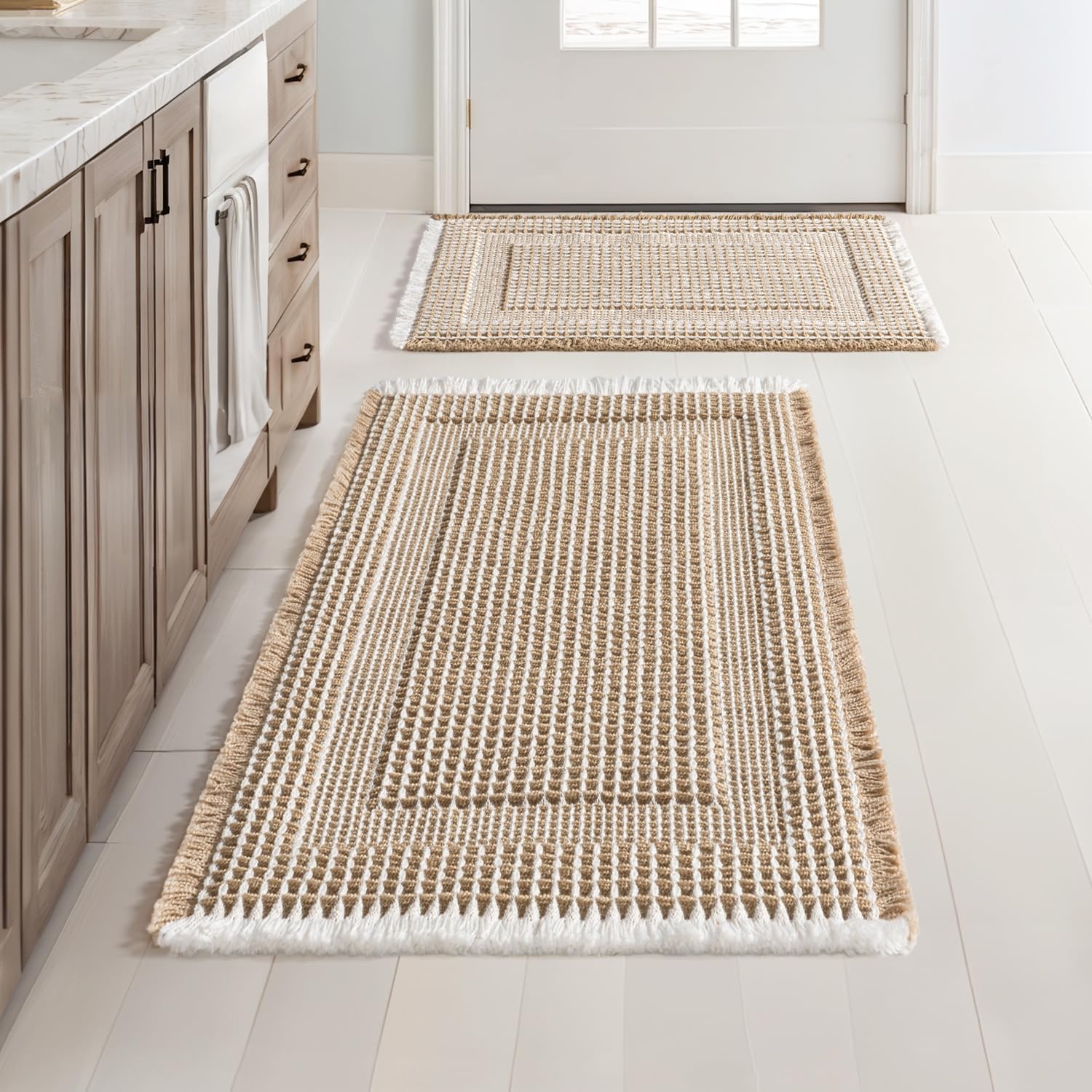 image:imageMIULEE Fall Terracotta Set of 2 Waffle Bathroom Rugs Boho Bath Mat 17x24 in Looped Design Super Absorbent Non Slip Washable Ultra Soft Rubber Backed Bathroom Mats for Floor Tub Shower Fall decorBrown White
