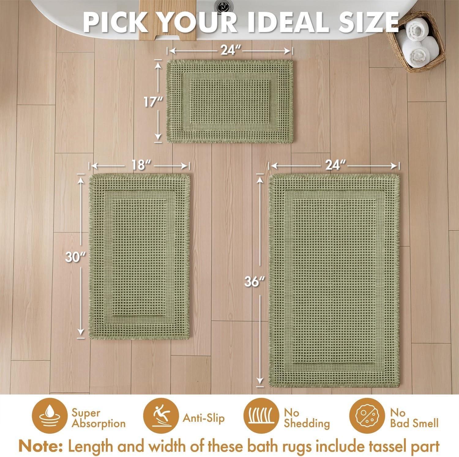 image:imageMIULEE Fall Terracotta Set of 2 Waffle Bathroom Rugs Boho Bath Mat 17x24 in Looped Design Super Absorbent Non Slip Washable Ultra Soft Rubber Backed Bathroom Mats for Floor Tub Shower Fall decorSage Green