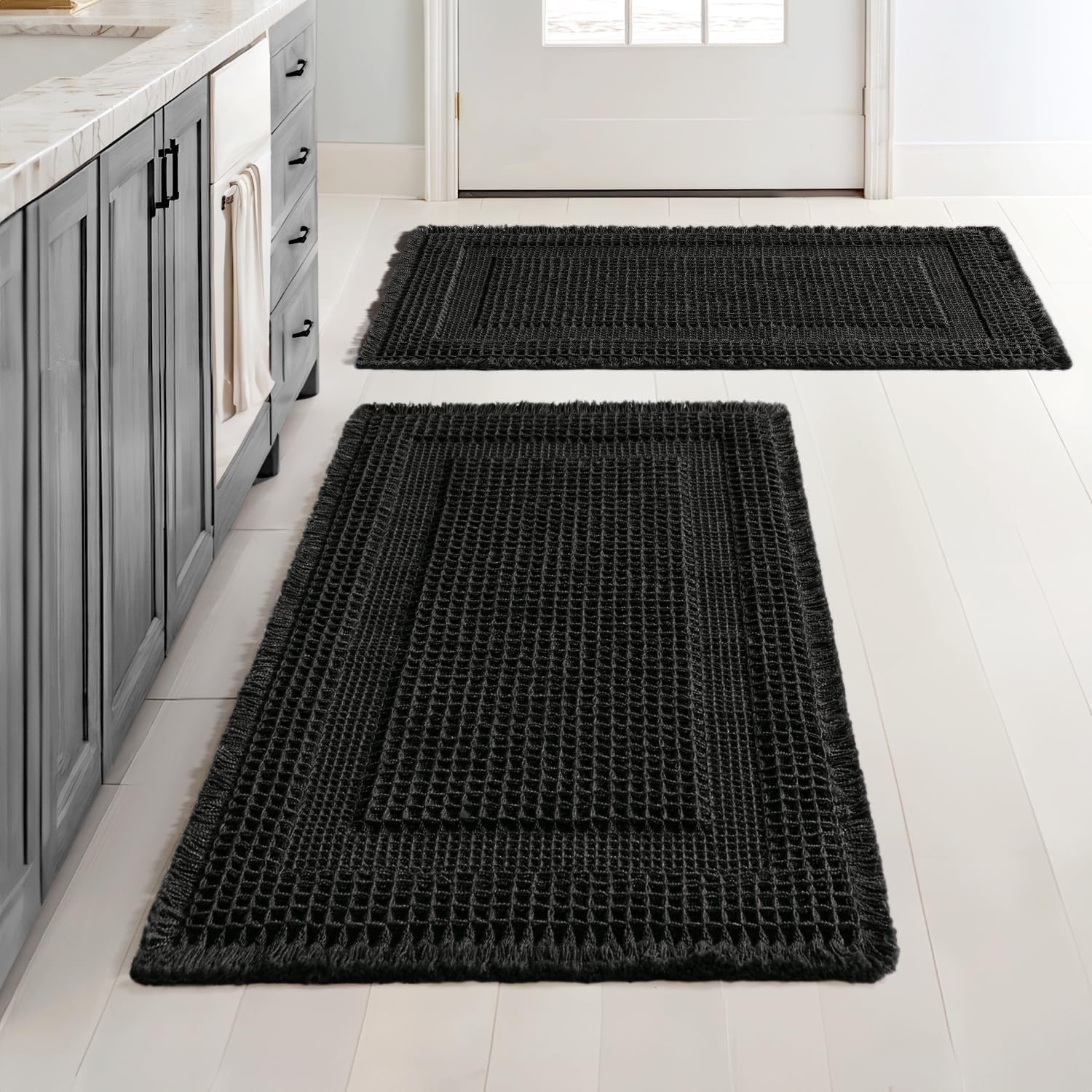 image:imageMIULEE Fall Terracotta Set of 2 Waffle Bathroom Rugs Boho Bath Mat 17x24 in Looped Design Super Absorbent Non Slip Washable Ultra Soft Rubber Backed Bathroom Mats for Floor Tub Shower Fall decorBlack