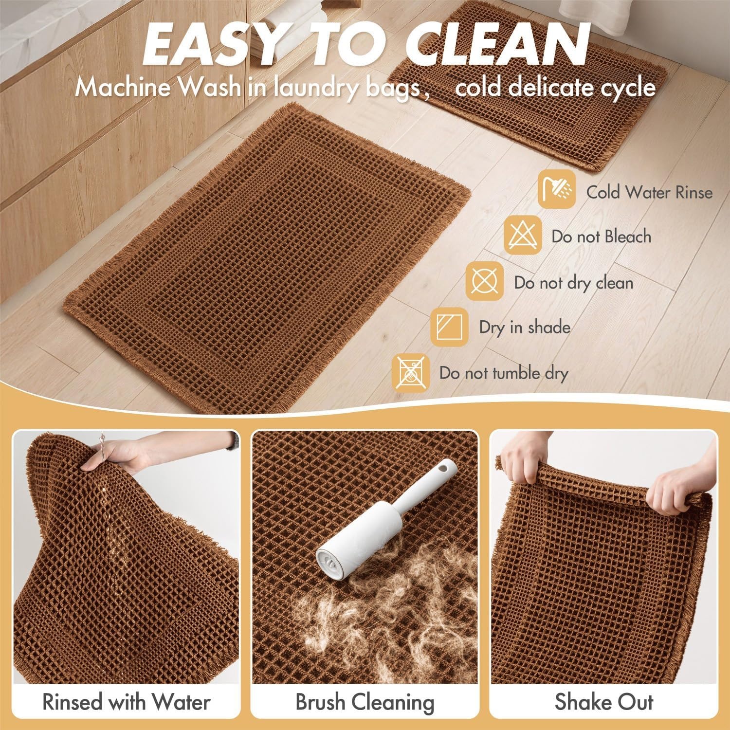 image:imageMIULEE Fall Terracotta Set of 2 Waffle Bathroom Rugs Boho Bath Mat 17x24 in Looped Design Super Absorbent Non Slip Washable Ultra Soft Rubber Backed Bathroom Mats for Floor Tub Shower Fall decorCaramel
