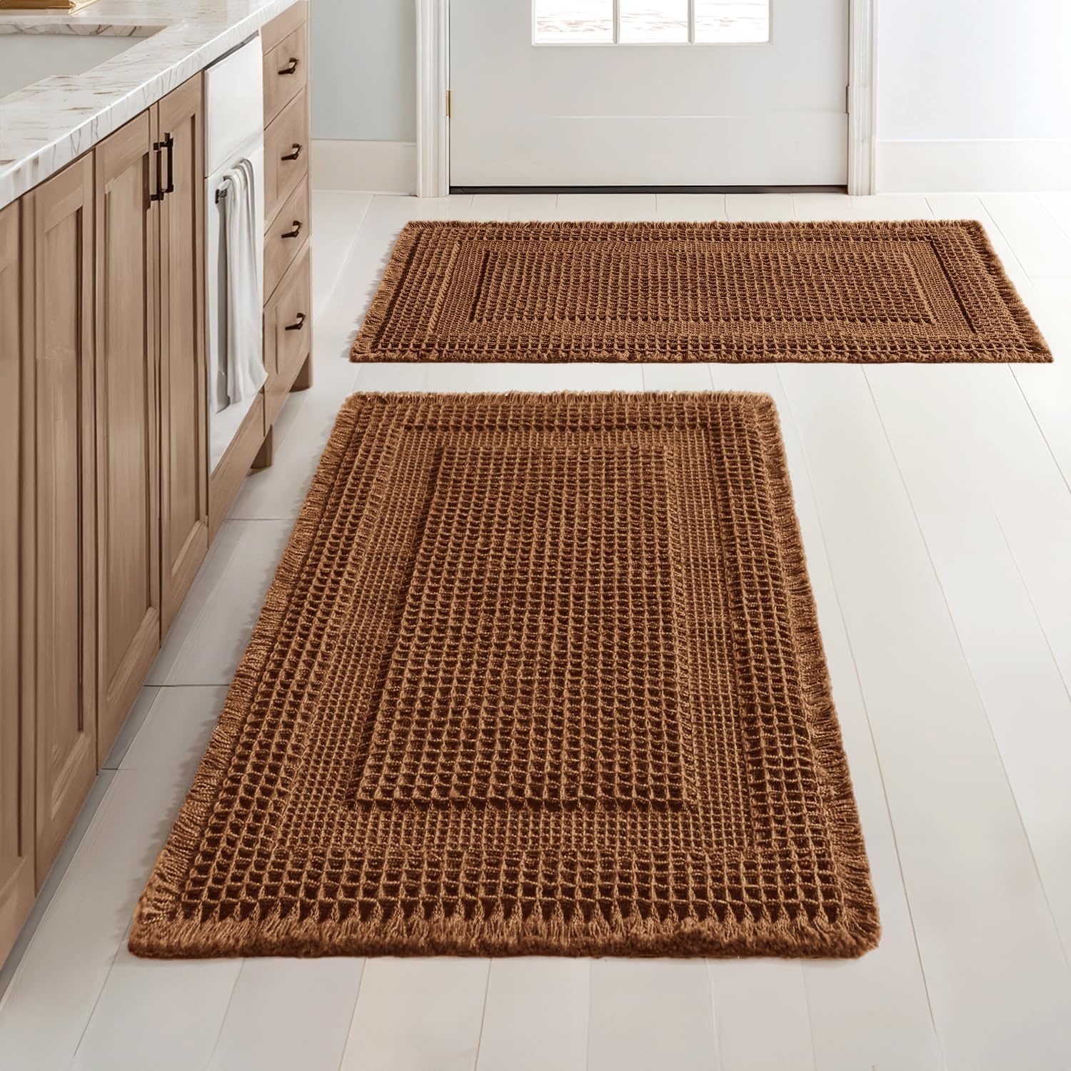 image:imageMIULEE Fall Terracotta Set of 2 Waffle Bathroom Rugs Boho Bath Mat 17x24 in Looped Design Super Absorbent Non Slip Washable Ultra Soft Rubber Backed Bathroom Mats for Floor Tub Shower Fall decorCaramel
