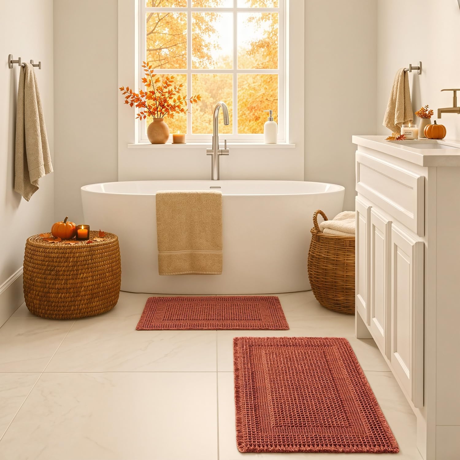 image:imageMIULEE Fall Terracotta Set of 2 Waffle Bathroom Rugs Boho Bath Mat 17x24 in Looped Design Super Absorbent Non Slip Washable Ultra Soft Rubber Backed Bathroom Mats for Floor Tub Shower Fall decorOrange