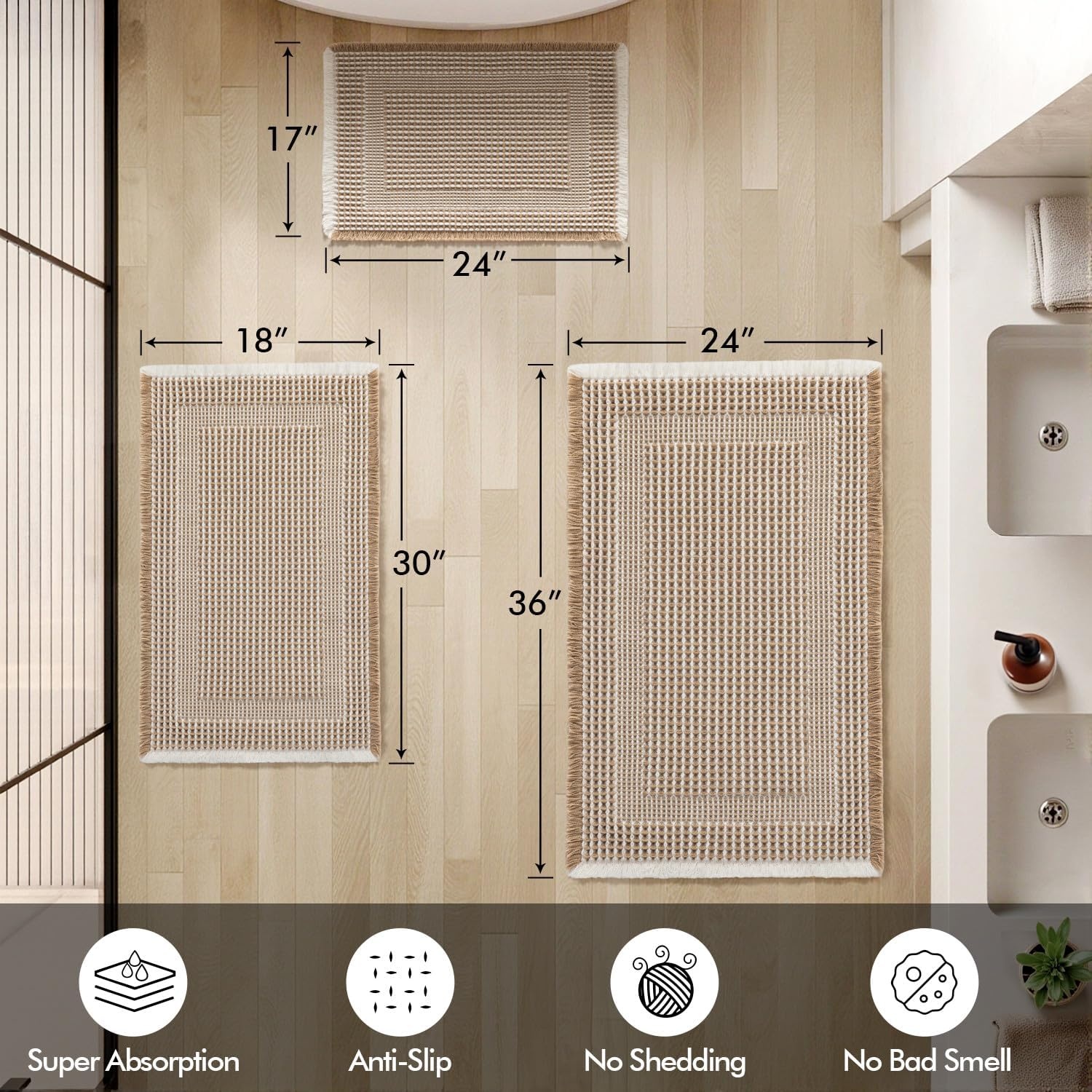 image:imageMIULEE Fall Terracotta Set of 2 Waffle Bathroom Rugs Boho Bath Mat 17x24 in Looped Design Super Absorbent Non Slip Washable Ultra Soft Rubber Backed Bathroom Mats for Floor Tub Shower Fall decorBrown White