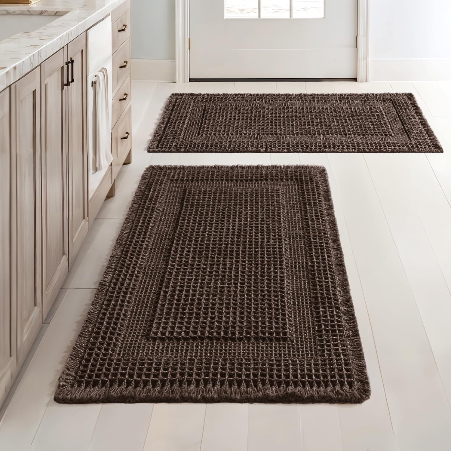 image:imageMIULEE Fall Terracotta Set of 2 Waffle Bathroom Rugs Boho Bath Mat 17x24 in Looped Design Super Absorbent Non Slip Washable Ultra Soft Rubber Backed Bathroom Mats for Floor Tub Shower Fall decorChocolate