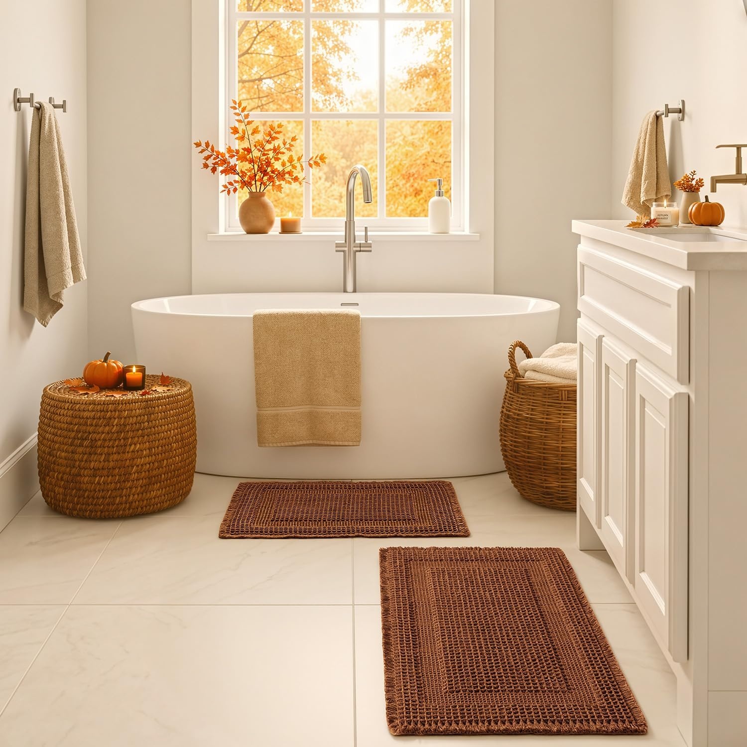 image:imageMIULEE Fall Terracotta Set of 2 Waffle Bathroom Rugs Boho Bath Mat 17x24 in Looped Design Super Absorbent Non Slip Washable Ultra Soft Rubber Backed Bathroom Mats for Floor Tub Shower Fall decorTerracotta