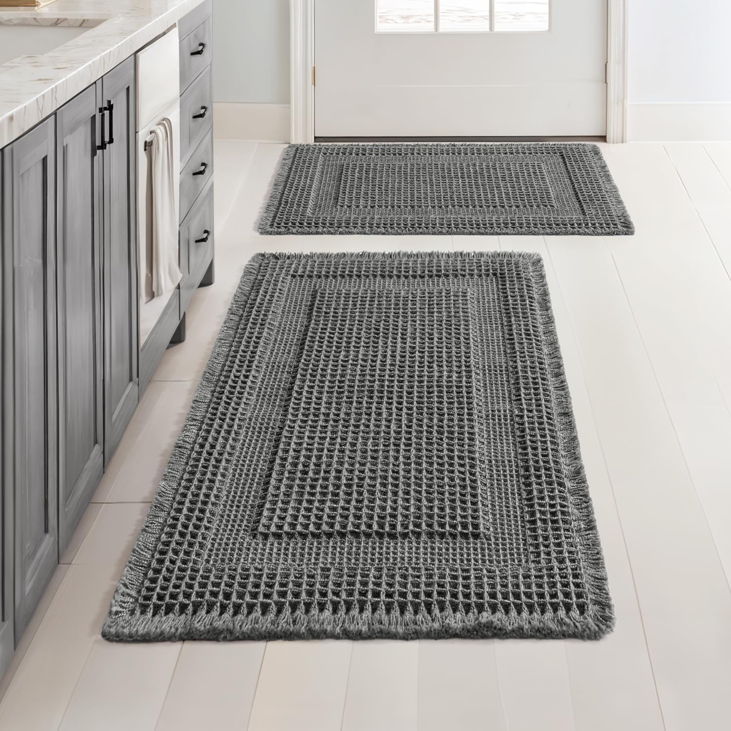 image:imageMIULEE Fall Terracotta Set of 2 Waffle Bathroom Rugs Boho Bath Mat 17x24 in Looped Design Super Absorbent Non Slip Washable Ultra Soft Rubber Backed Bathroom Mats for Floor Tub Shower Fall decorDark Grey