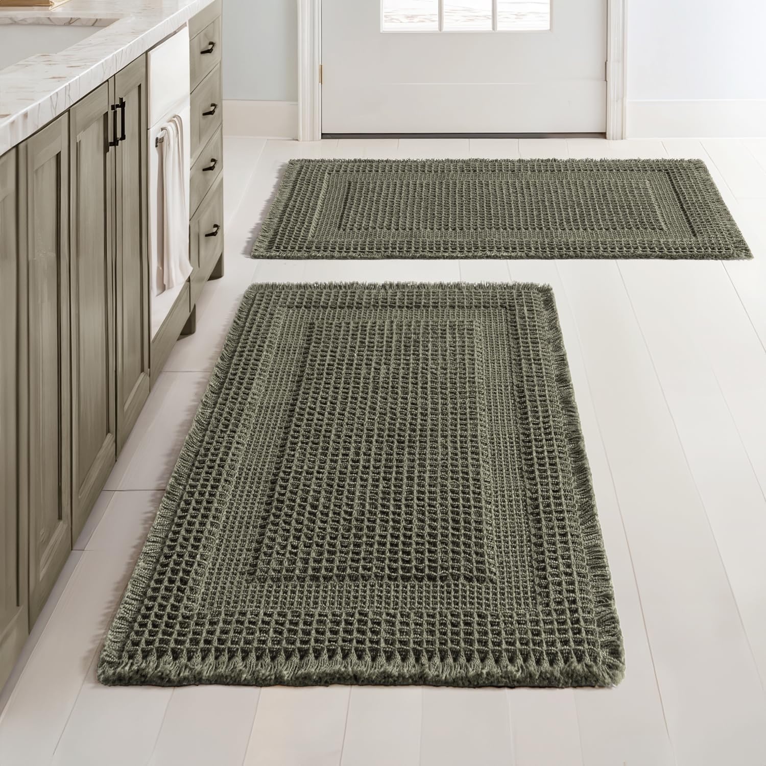 image:imageMIULEE Fall Terracotta Set of 2 Waffle Bathroom Rugs Boho Bath Mat 17x24 in Looped Design Super Absorbent Non Slip Washable Ultra Soft Rubber Backed Bathroom Mats for Floor Tub Shower Fall decorGreen