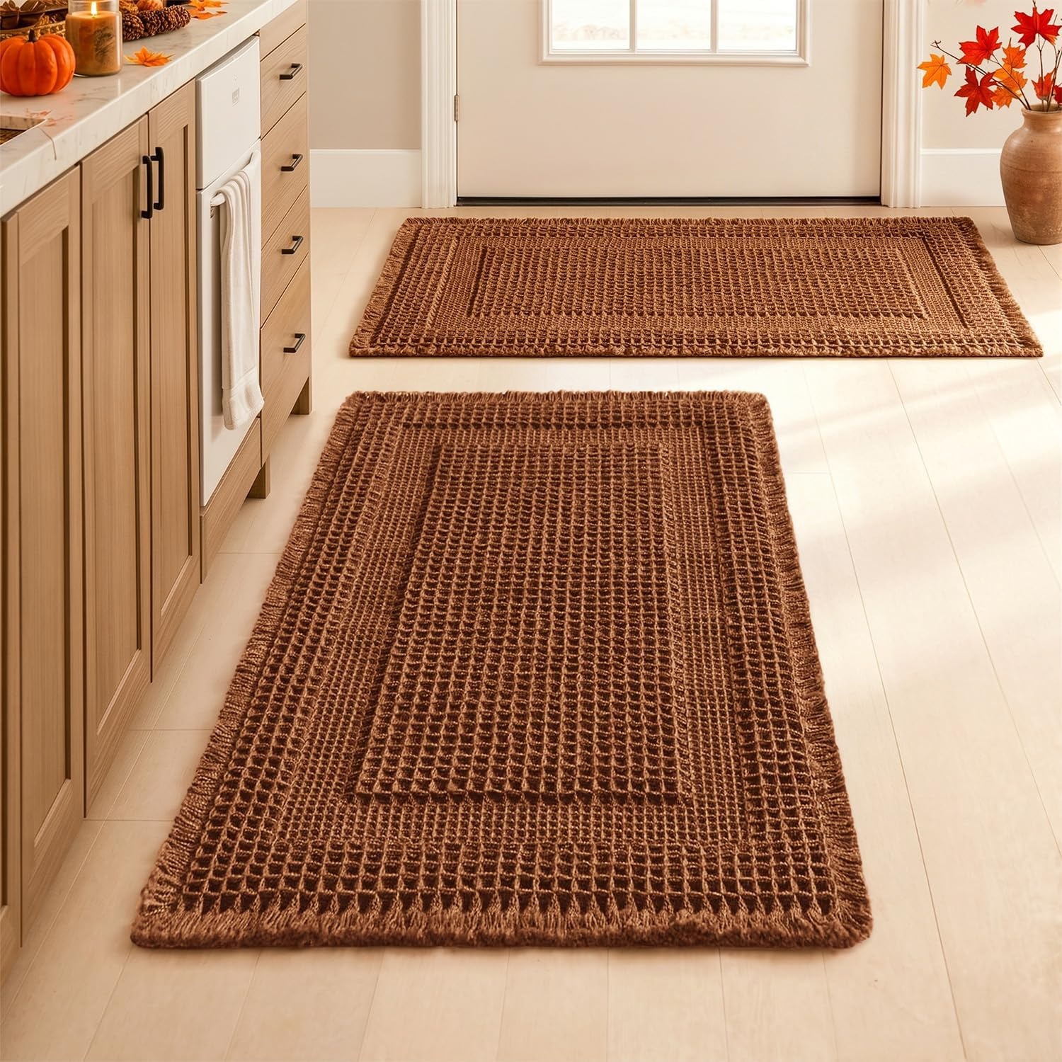 image:imageMIULEE Fall Terracotta Set of 2 Waffle Bathroom Rugs Boho Bath Mat 17x24 in Looped Design Super Absorbent Non Slip Washable Ultra Soft Rubber Backed Bathroom Mats for Floor Tub Shower Fall decorTerracotta
