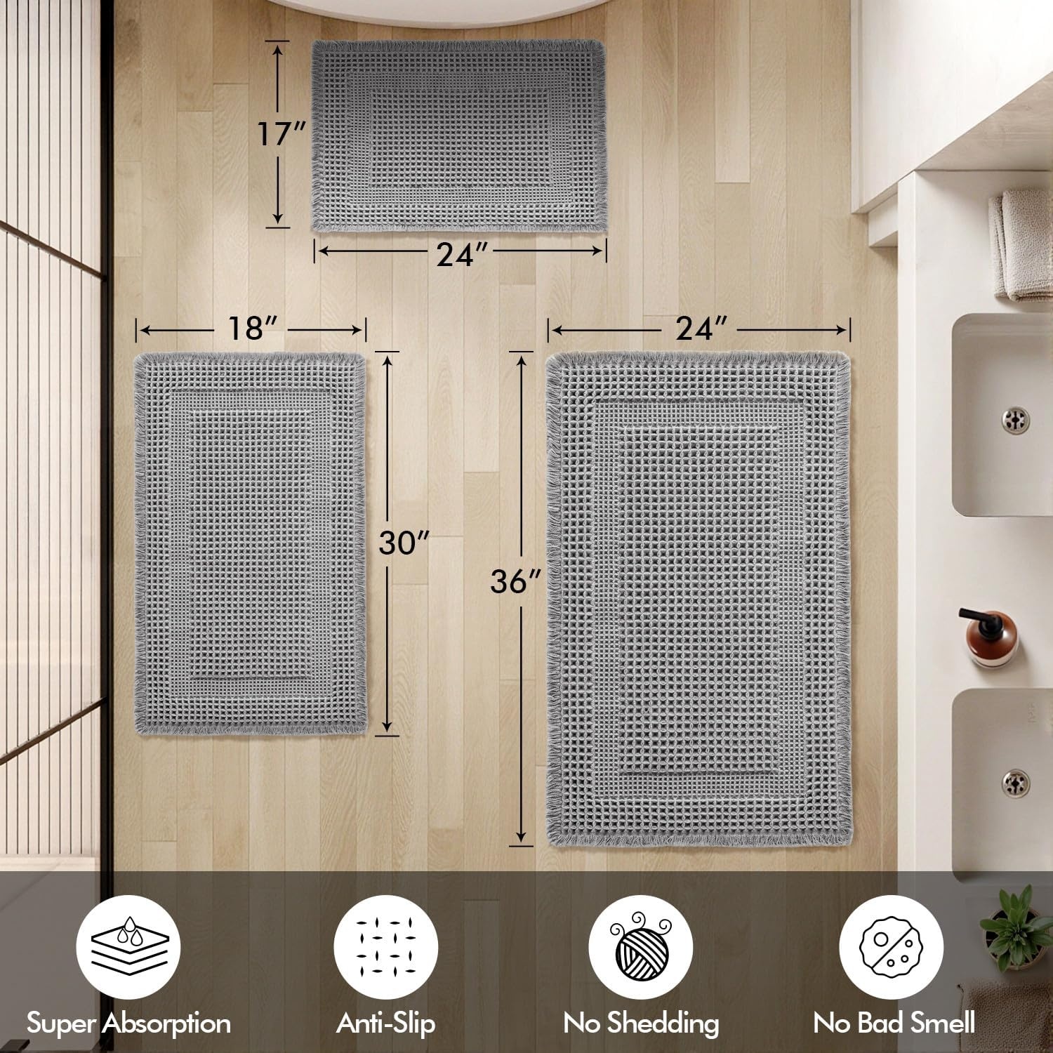 image:imageMIULEE Fall Terracotta Set of 2 Waffle Bathroom Rugs Boho Bath Mat 17x24 in Looped Design Super Absorbent Non Slip Washable Ultra Soft Rubber Backed Bathroom Mats for Floor Tub Shower Fall decorLight Grey