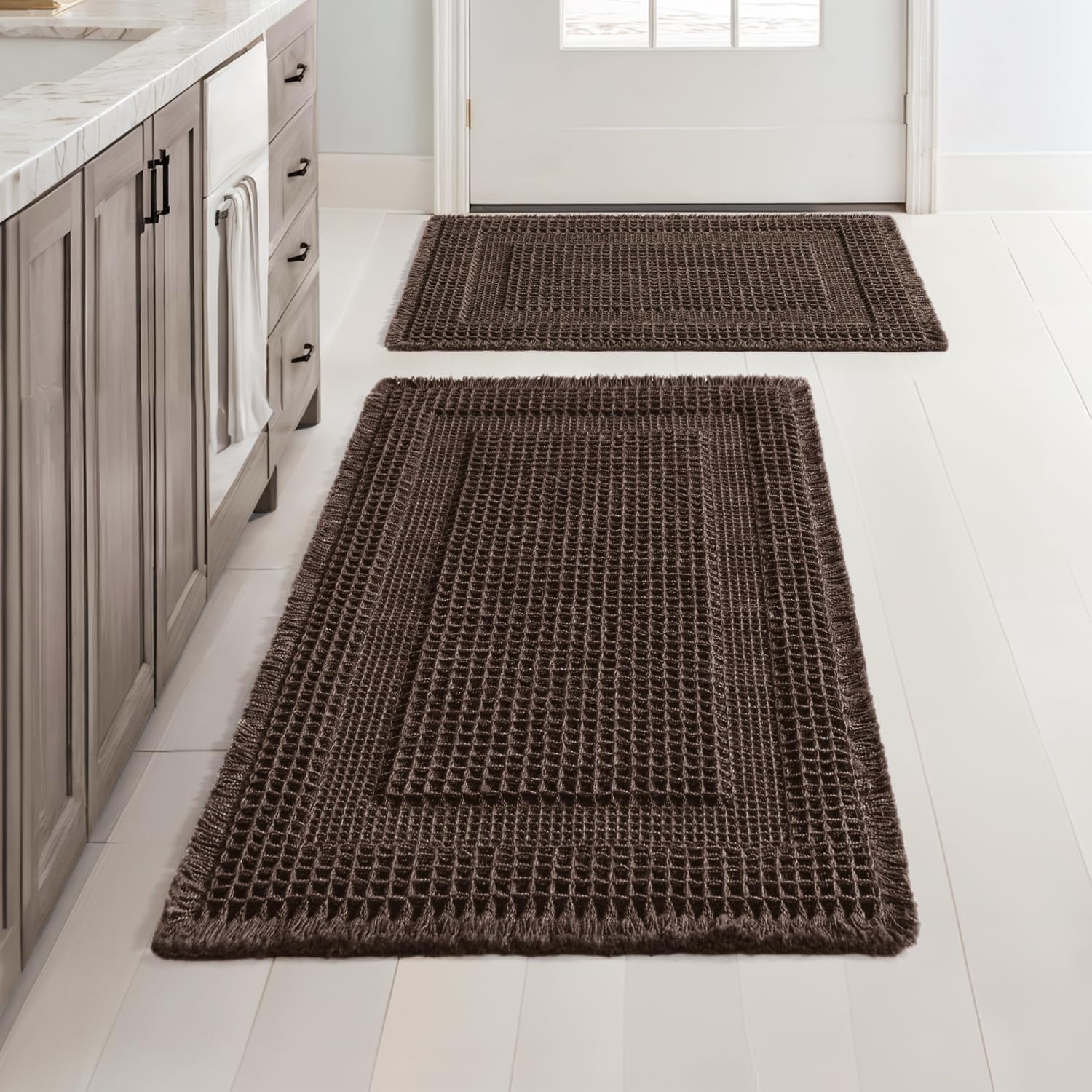 image:imageMIULEE Fall Terracotta Set of 2 Waffle Bathroom Rugs Boho Bath Mat 17x24 in Looped Design Super Absorbent Non Slip Washable Ultra Soft Rubber Backed Bathroom Mats for Floor Tub Shower Fall decorChocolate