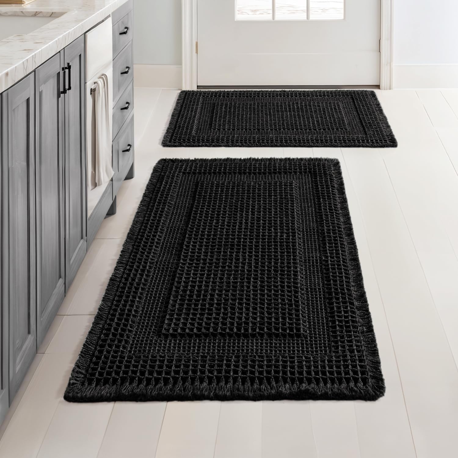 image:imageMIULEE Fall Terracotta Set of 2 Waffle Bathroom Rugs Boho Bath Mat 17x24 in Looped Design Super Absorbent Non Slip Washable Ultra Soft Rubber Backed Bathroom Mats for Floor Tub Shower Fall decorBlack