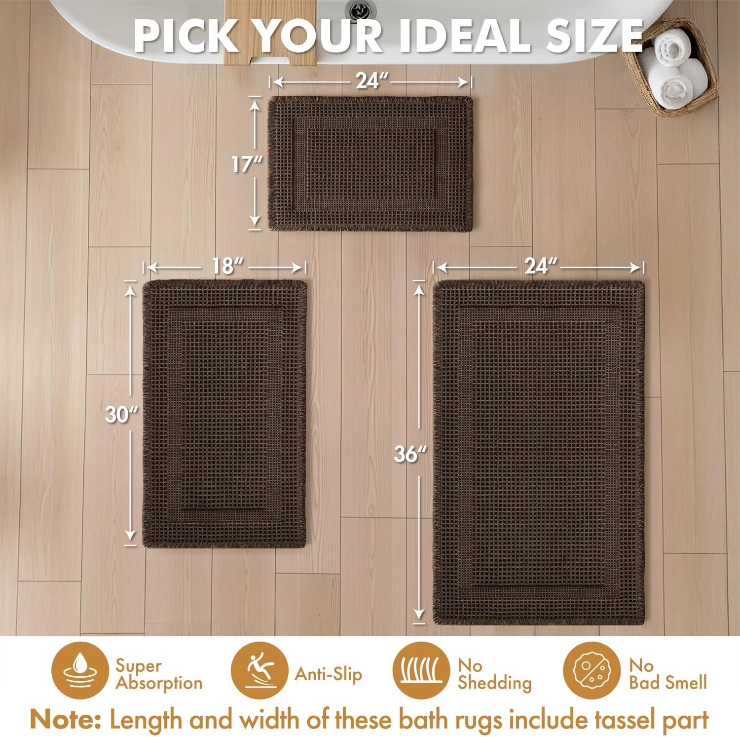image:imageMIULEE Fall Terracotta Set of 2 Waffle Bathroom Rugs Boho Bath Mat 17x24 in Looped Design Super Absorbent Non Slip Washable Ultra Soft Rubber Backed Bathroom Mats for Floor Tub Shower Fall decorChocolate