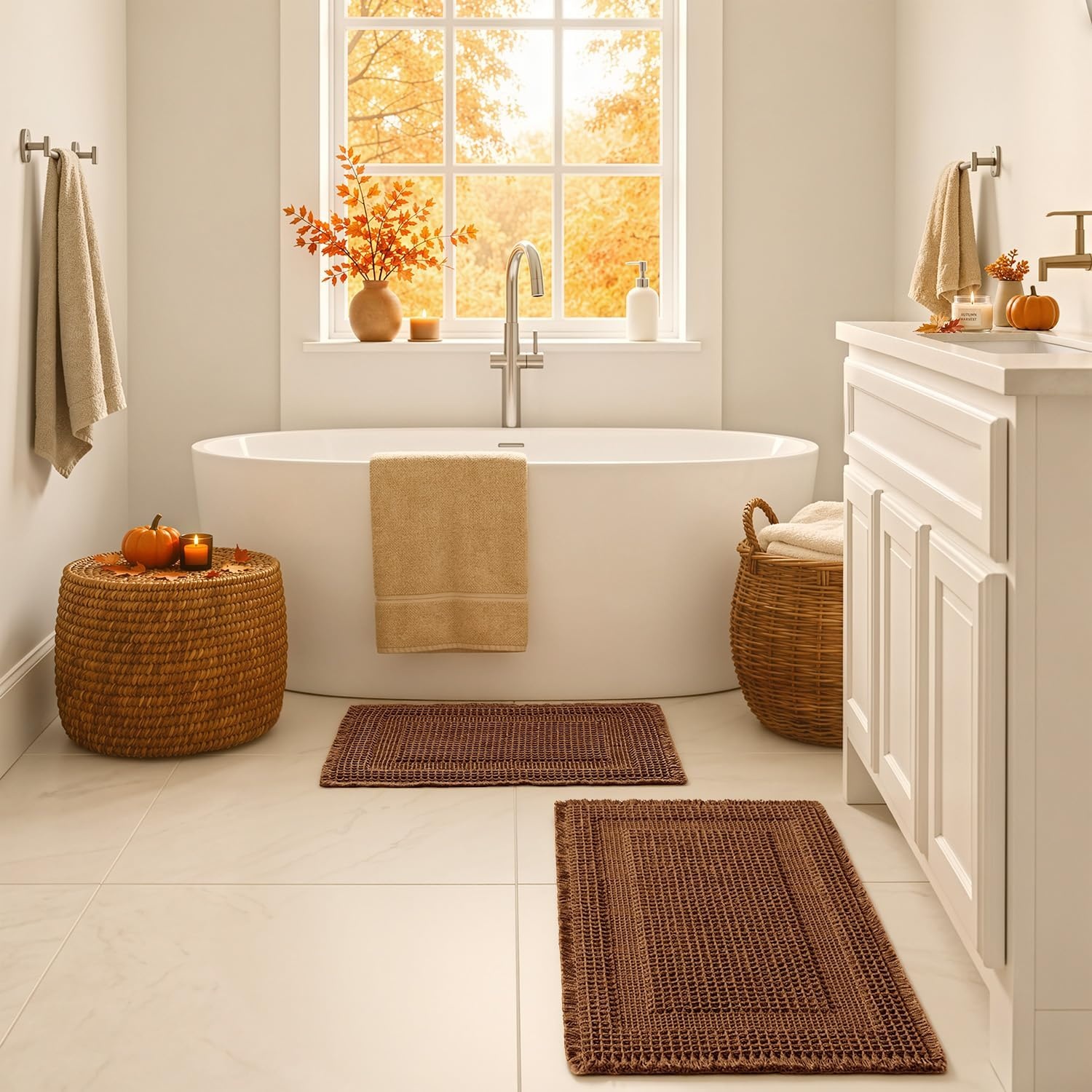 image:imageMIULEE Fall Terracotta Set of 2 Waffle Bathroom Rugs Boho Bath Mat 17x24 in Looped Design Super Absorbent Non Slip Washable Ultra Soft Rubber Backed Bathroom Mats for Floor Tub Shower Fall decorCaramel