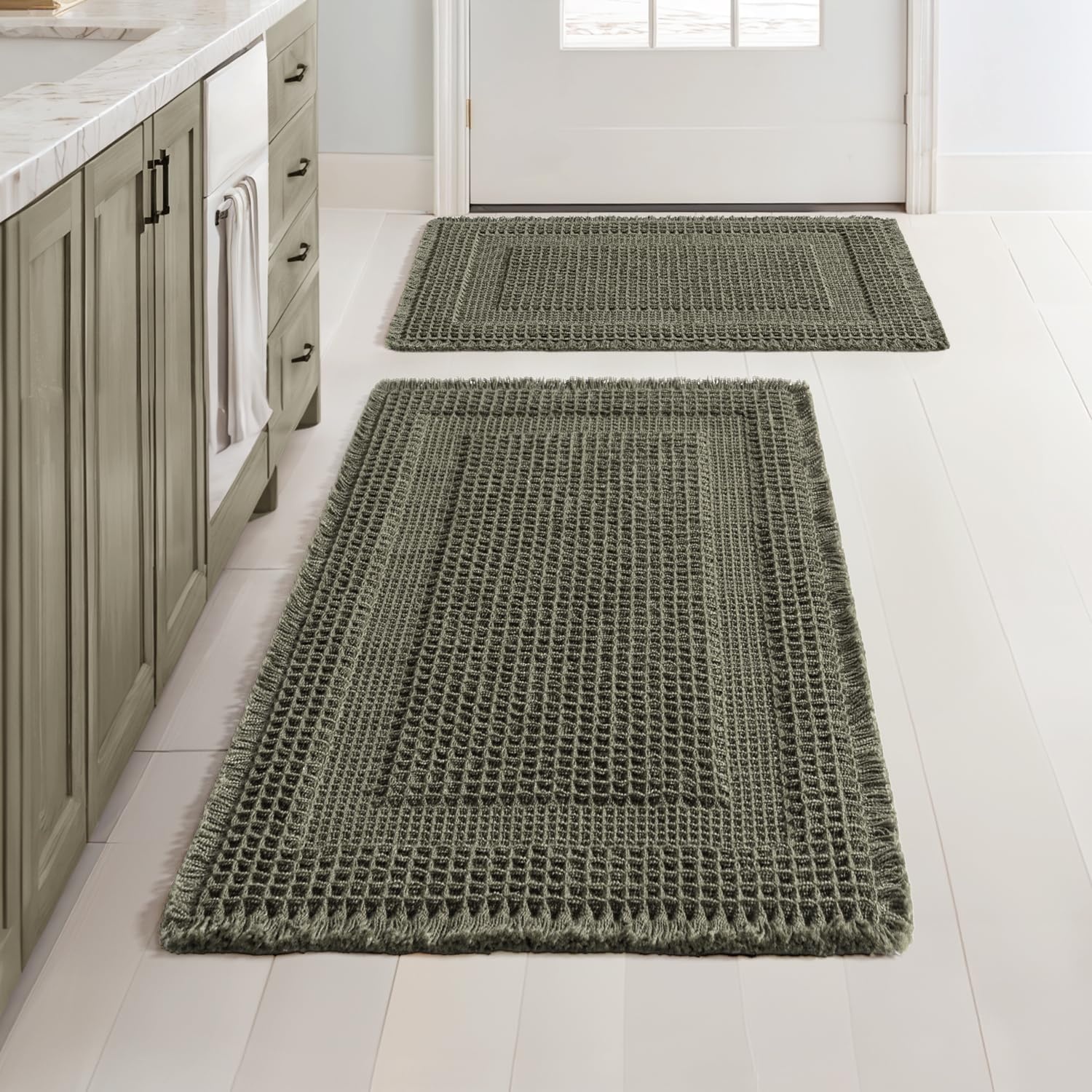 image:imageMIULEE Fall Terracotta Set of 2 Waffle Bathroom Rugs Boho Bath Mat 17x24 in Looped Design Super Absorbent Non Slip Washable Ultra Soft Rubber Backed Bathroom Mats for Floor Tub Shower Fall decorGreen