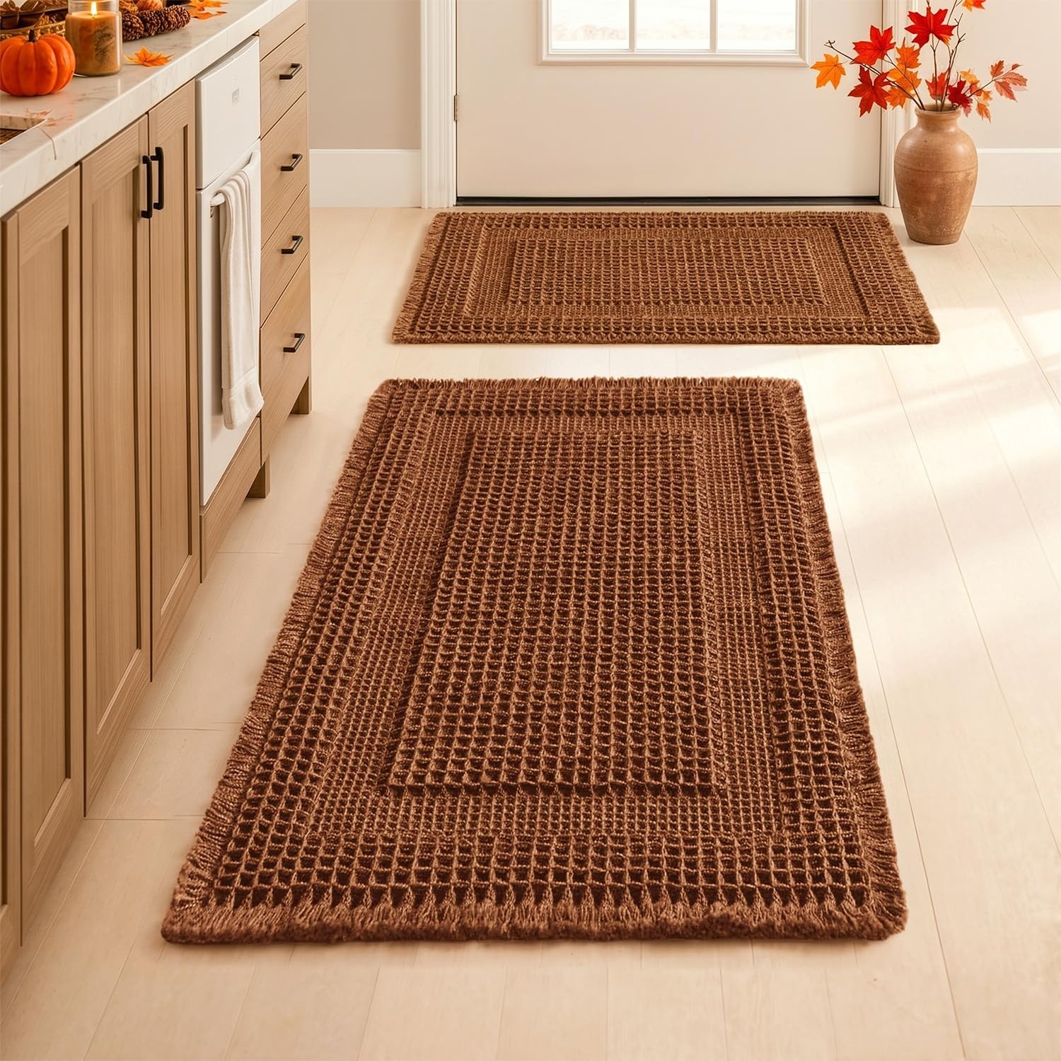 image:imageMIULEE Fall Terracotta Set of 2 Waffle Bathroom Rugs Boho Bath Mat 17x24 in Looped Design Super Absorbent Non Slip Washable Ultra Soft Rubber Backed Bathroom Mats for Floor Tub Shower Fall decorTerracotta