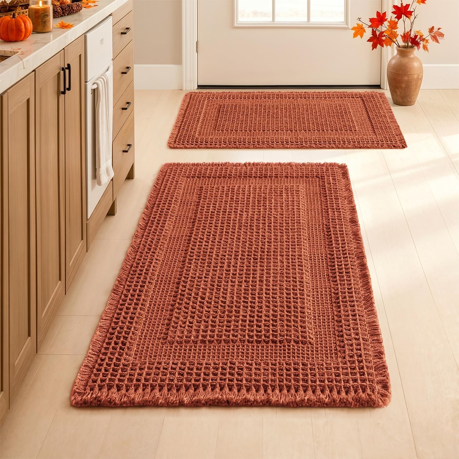 image:imageMIULEE Fall Terracotta Set of 2 Waffle Bathroom Rugs Boho Bath Mat 17x24 in Looped Design Super Absorbent Non Slip Washable Ultra Soft Rubber Backed Bathroom Mats for Floor Tub Shower Fall decorOrange