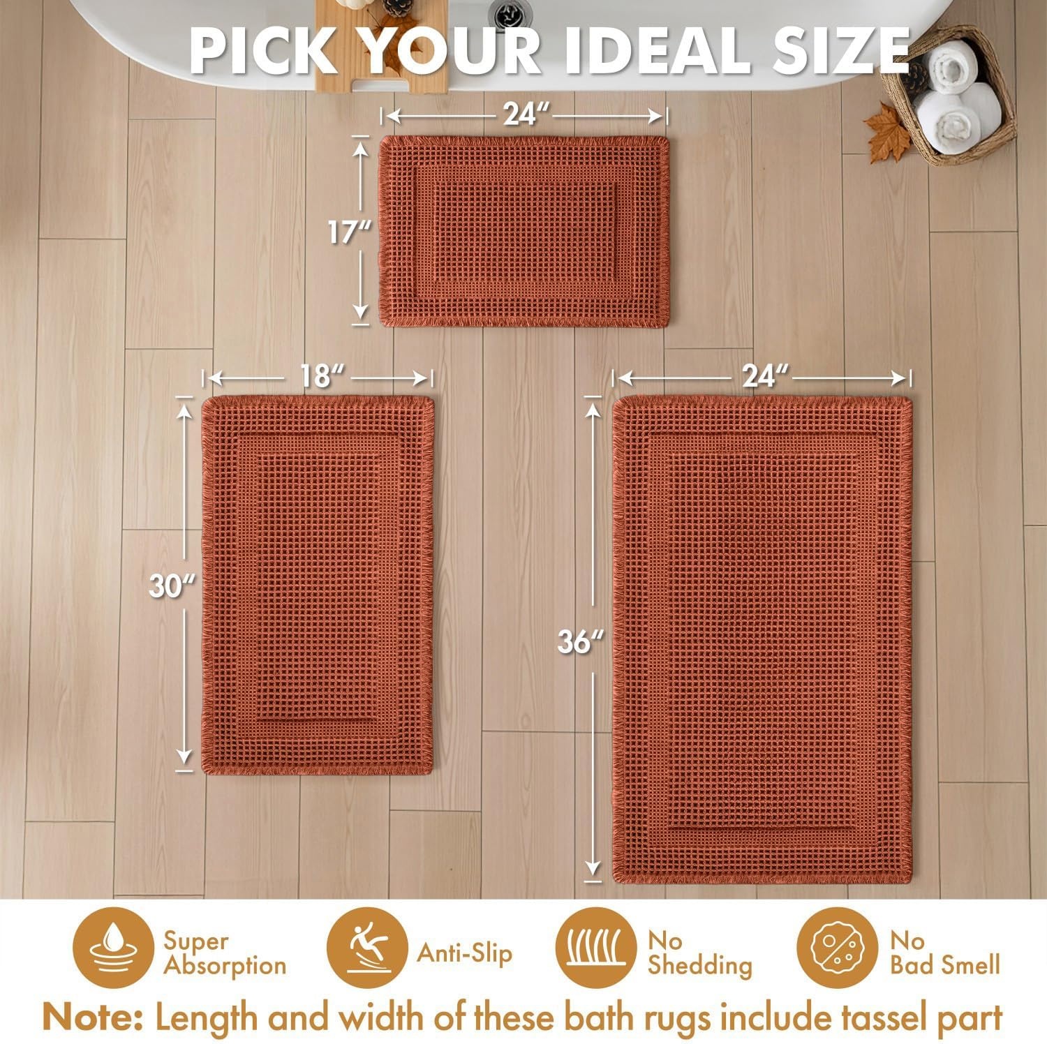 image:imageMIULEE Fall Terracotta Set of 2 Waffle Bathroom Rugs Boho Bath Mat 17x24 in Looped Design Super Absorbent Non Slip Washable Ultra Soft Rubber Backed Bathroom Mats for Floor Tub Shower Fall decorOrange