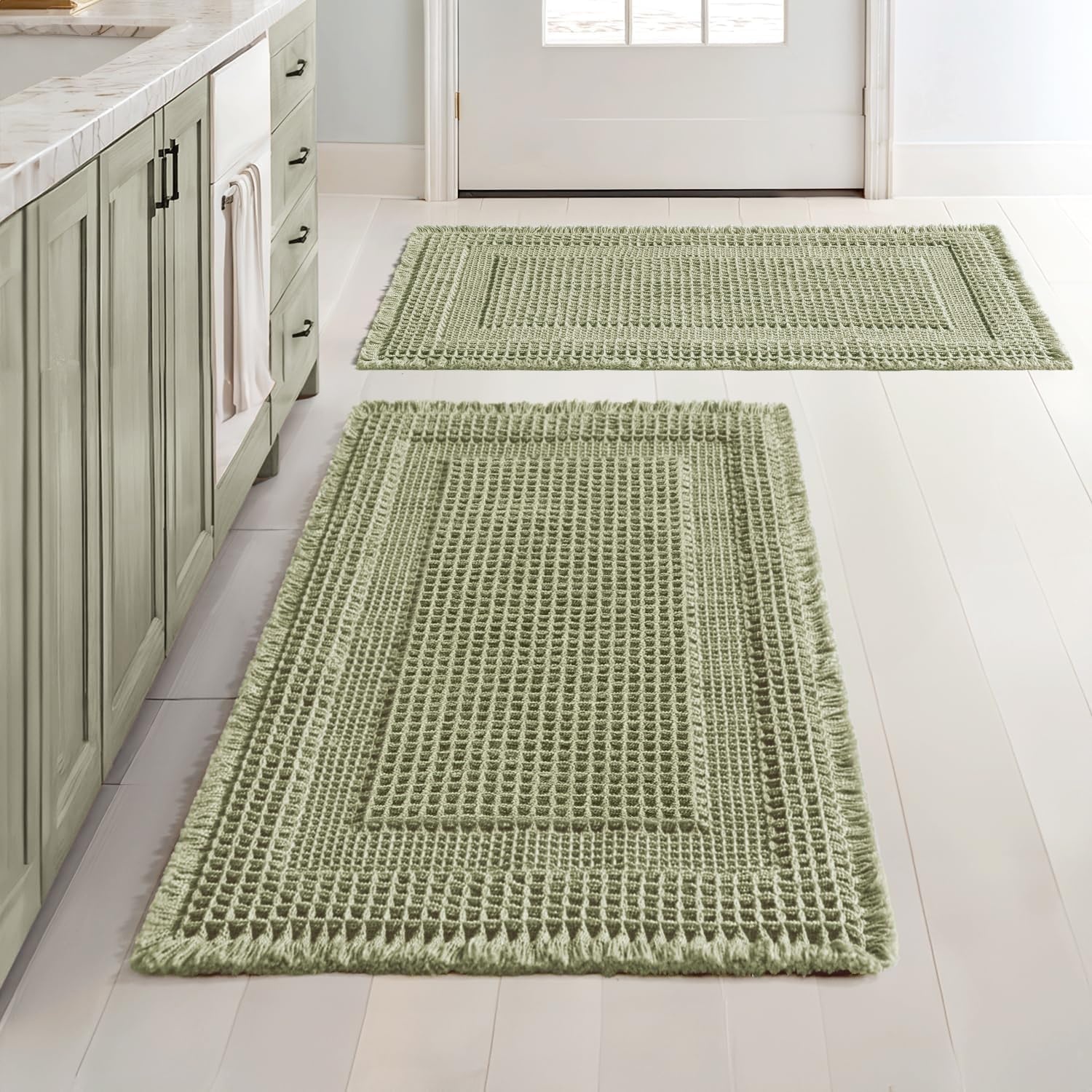 image:imageMIULEE Fall Terracotta Set of 2 Waffle Bathroom Rugs Boho Bath Mat 17x24 in Looped Design Super Absorbent Non Slip Washable Ultra Soft Rubber Backed Bathroom Mats for Floor Tub Shower Fall decorSage Green