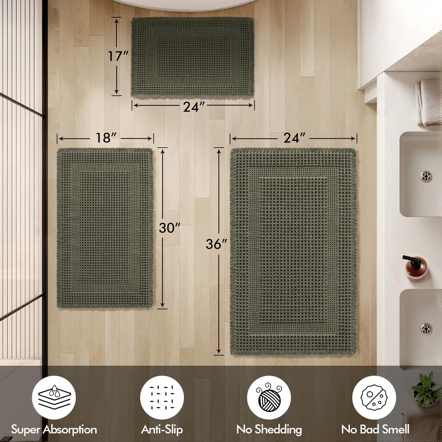 image:imageMIULEE Fall Terracotta Set of 2 Waffle Bathroom Rugs Boho Bath Mat 17x24 in Looped Design Super Absorbent Non Slip Washable Ultra Soft Rubber Backed Bathroom Mats for Floor Tub Shower Fall decorGreen