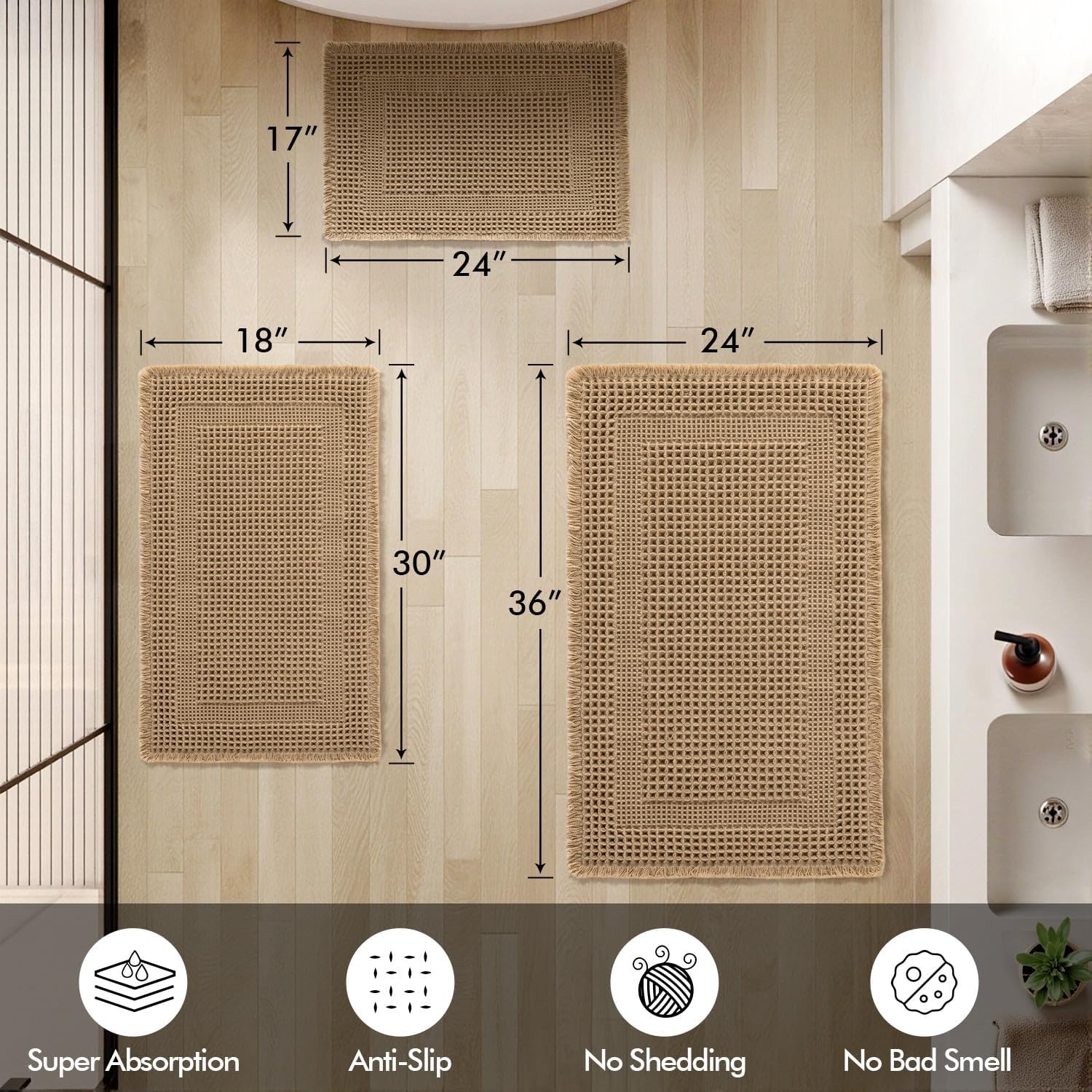 image:imageMIULEE Fall Terracotta Set of 2 Waffle Bathroom Rugs Boho Bath Mat 17x24 in Looped Design Super Absorbent Non Slip Washable Ultra Soft Rubber Backed Bathroom Mats for Floor Tub Shower Fall decorBrown