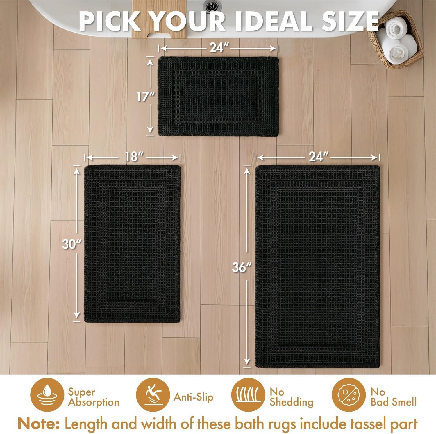 image:imageMIULEE Fall Terracotta Set of 2 Waffle Bathroom Rugs Boho Bath Mat 17x24 in Looped Design Super Absorbent Non Slip Washable Ultra Soft Rubber Backed Bathroom Mats for Floor Tub Shower Fall decorBlack