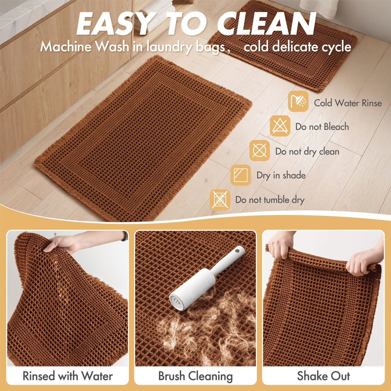 image:imageMIULEE Fall Terracotta Set of 2 Waffle Bathroom Rugs Boho Bath Mat 17x24 in Looped Design Super Absorbent Non Slip Washable Ultra Soft Rubber Backed Bathroom Mats for Floor Tub Shower Fall decorTerracotta
