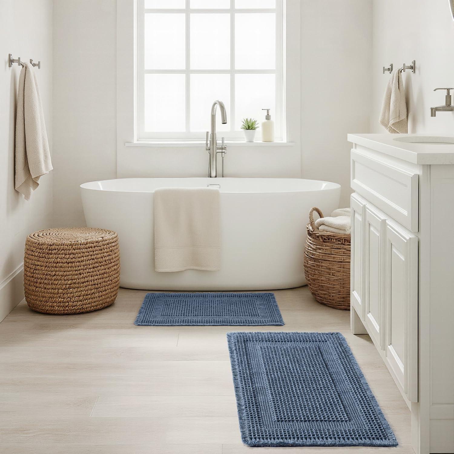 image:imageMIULEE Fall Terracotta Set of 2 Waffle Bathroom Rugs Boho Bath Mat 17x24 in Looped Design Super Absorbent Non Slip Washable Ultra Soft Rubber Backed Bathroom Mats for Floor Tub Shower Fall decorBlue