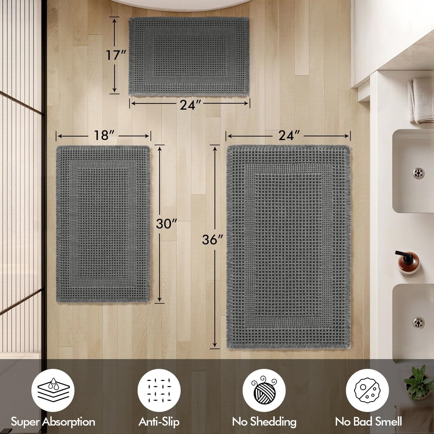 image:imageMIULEE Fall Terracotta Set of 2 Waffle Bathroom Rugs Boho Bath Mat 17x24 in Looped Design Super Absorbent Non Slip Washable Ultra Soft Rubber Backed Bathroom Mats for Floor Tub Shower Fall decorDark Grey