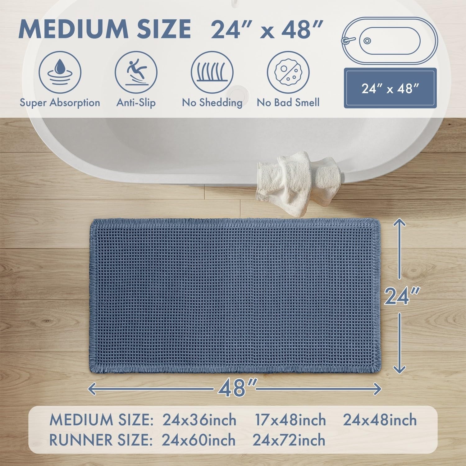 image:imageMIULEE Waffle Bathroom Runner Rugs Boho Large Bath Mat 2x524x60 Green Super Absorbent Non Slip Upgraded Soft Quick Dry Washable Bath Rug with Tassels for Hallway Laundry Room BedroomBlue