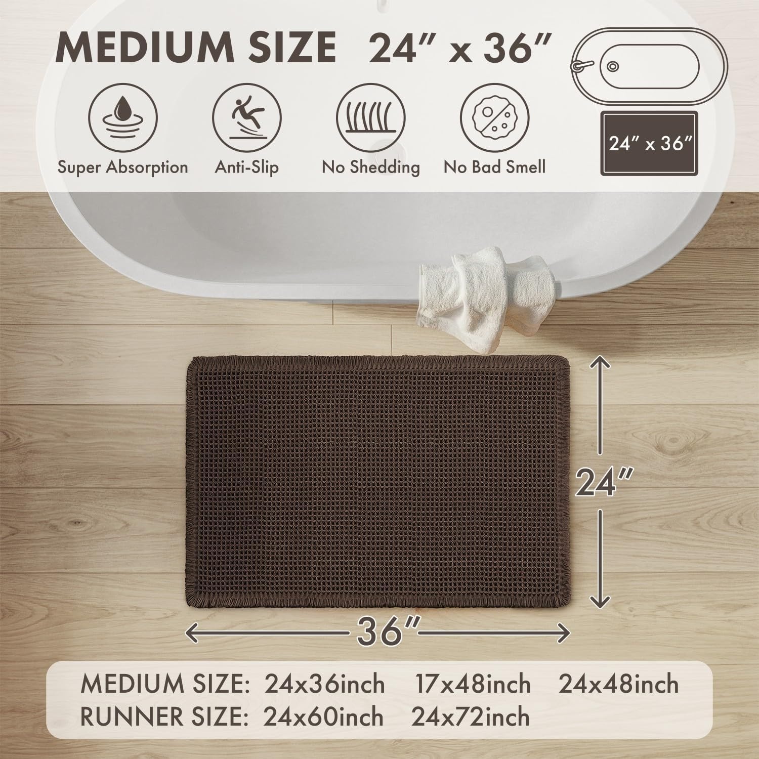 image:imageMIULEE Waffle Bathroom Runner Rugs Boho Large Bath Mat 2x524x60 Green Super Absorbent Non Slip Upgraded Soft Quick Dry Washable Bath Rug with Tassels for Hallway Laundry Room BedroomChocolate