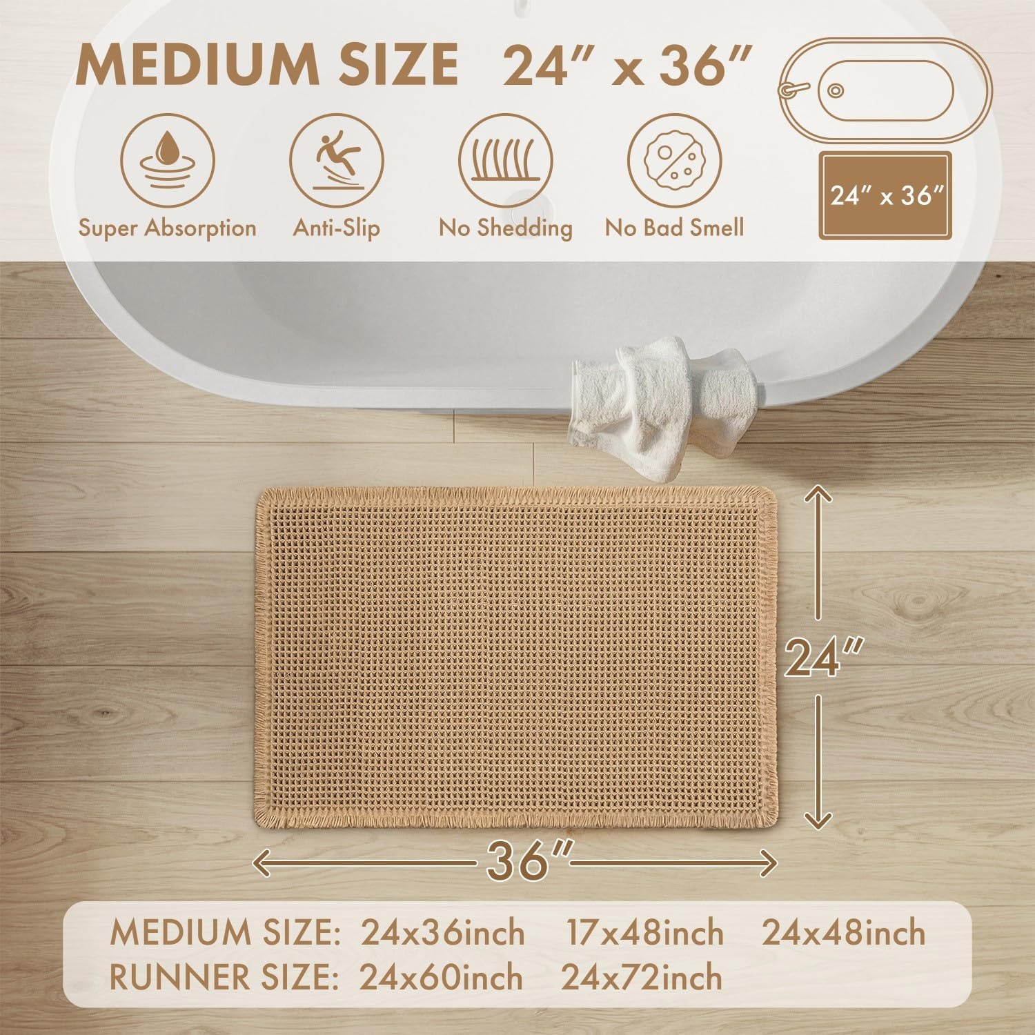 image:imageMIULEE Waffle Bathroom Runner Rugs Boho Large Bath Mat 2x524x60 Green Super Absorbent Non Slip Upgraded Soft Quick Dry Washable Bath Rug with Tassels for Hallway Laundry Room BedroomBrown