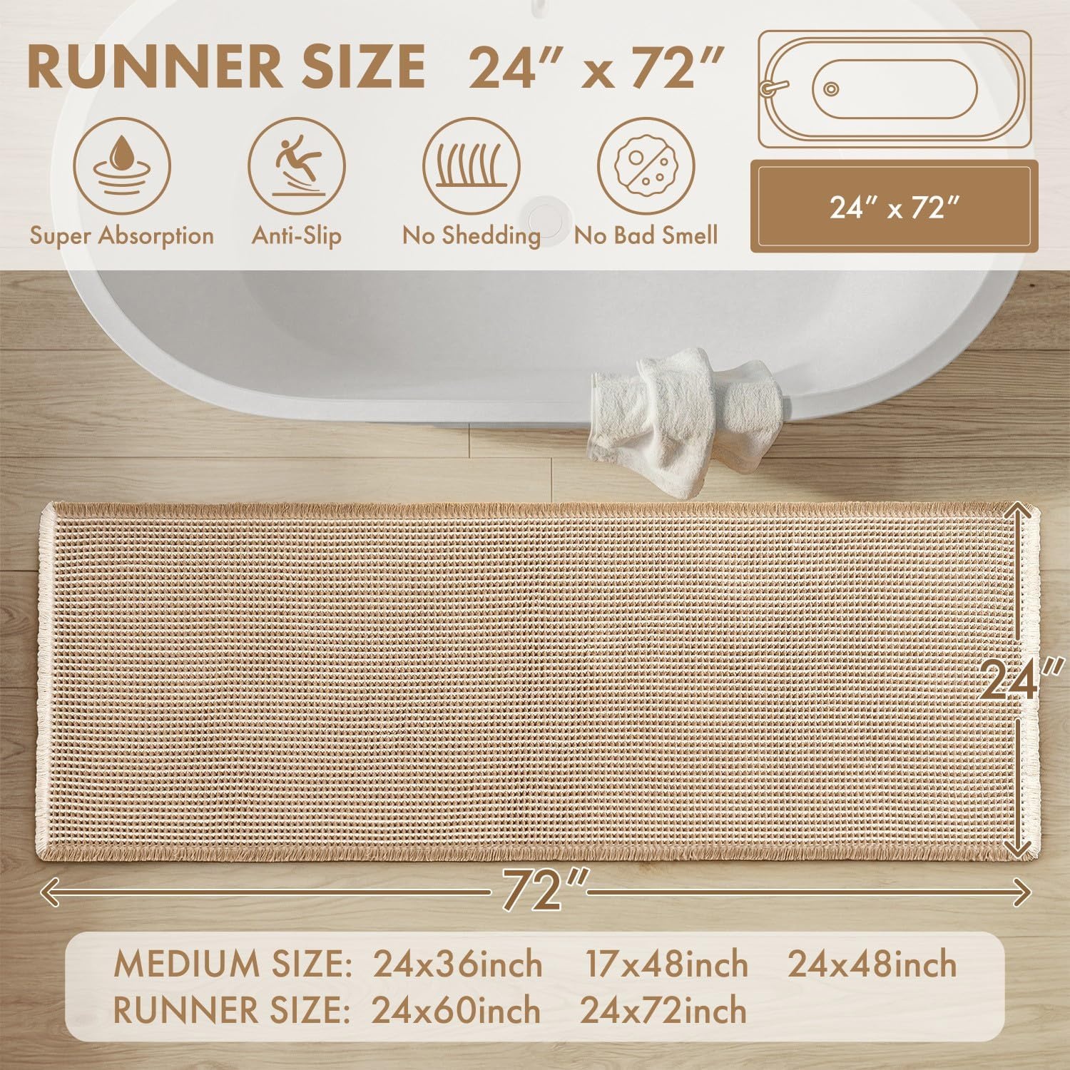 image:imageMIULEE Waffle Bathroom Runner Rugs Boho Large Bath Mat 2x524x60 Green Super Absorbent Non Slip Upgraded Soft Quick Dry Washable Bath Rug with Tassels for Hallway Laundry Room BedroomBrown White
