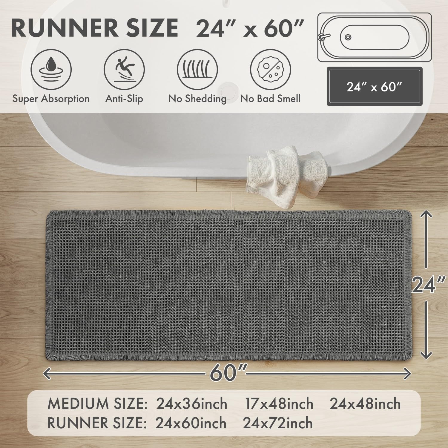 image:imageMIULEE Waffle Bathroom Runner Rugs Boho Large Bath Mat 2x524x60 Green Super Absorbent Non Slip Upgraded Soft Quick Dry Washable Bath Rug with Tassels for Hallway Laundry Room BedroomDark Grey