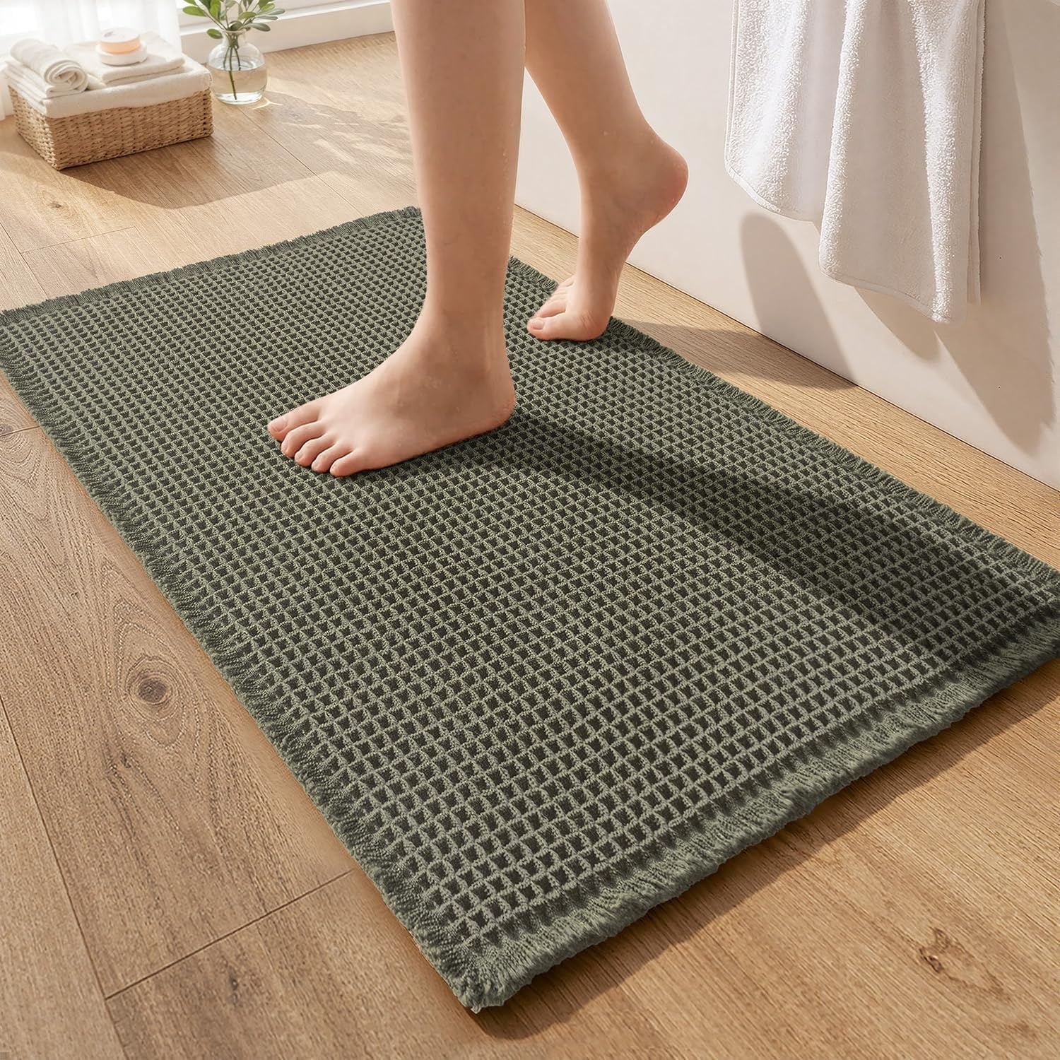 image:imageMIULEE Waffle Bathroom Runner Rugs Boho Large Bath Mat 2x524x60 Green Super Absorbent Non Slip Upgraded Soft Quick Dry Washable Bath Rug with Tassels for Hallway Laundry Room BedroomGreen