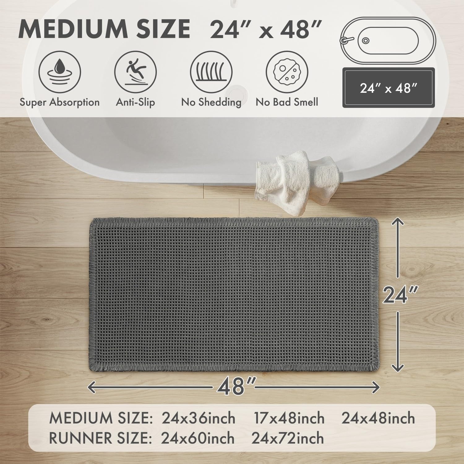 image:imageMIULEE Waffle Bathroom Runner Rugs Boho Large Bath Mat 2x524x60 Green Super Absorbent Non Slip Upgraded Soft Quick Dry Washable Bath Rug with Tassels for Hallway Laundry Room BedroomDark Grey