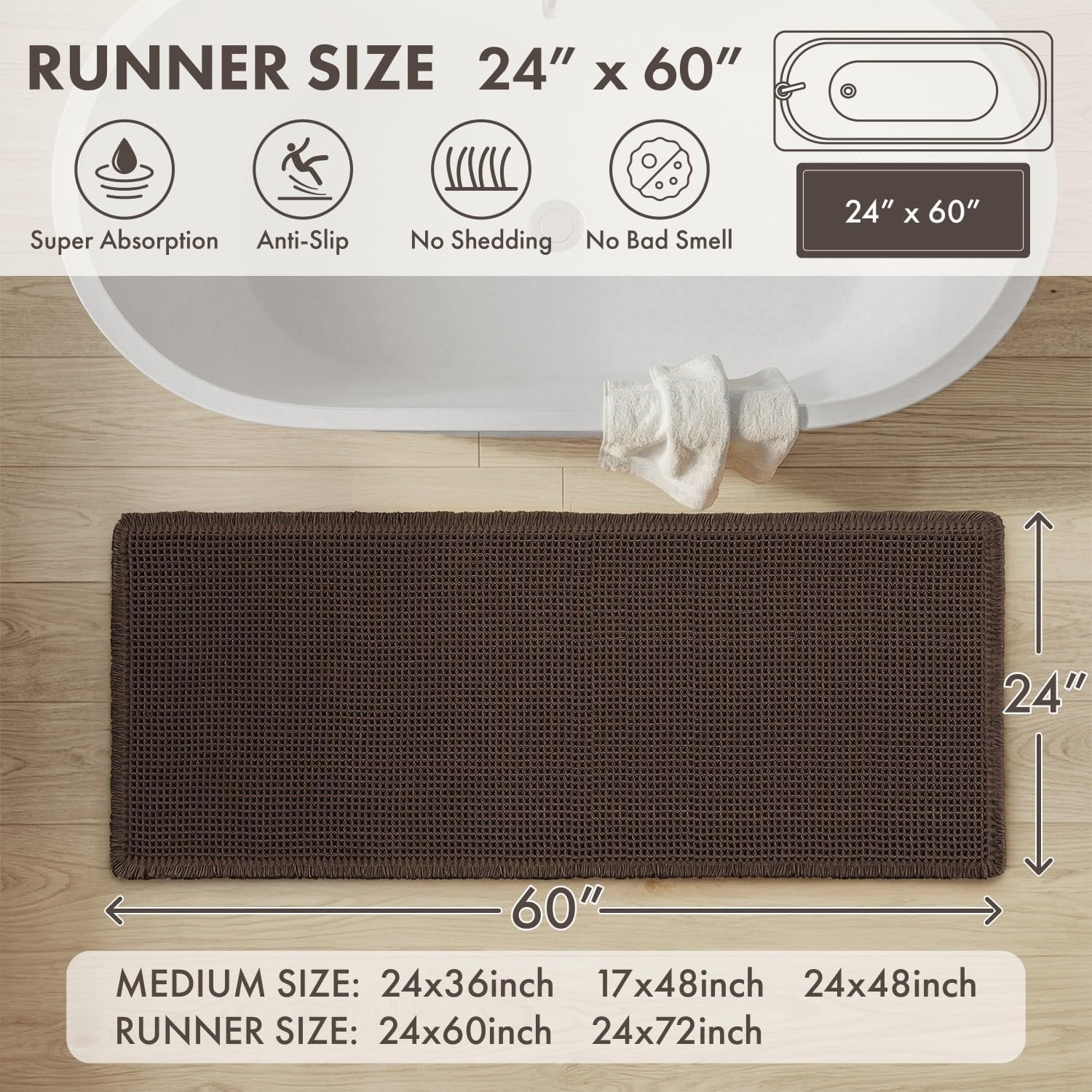 image:imageMIULEE Waffle Bathroom Runner Rugs Boho Large Bath Mat 2x524x60 Green Super Absorbent Non Slip Upgraded Soft Quick Dry Washable Bath Rug with Tassels for Hallway Laundry Room BedroomChocolate