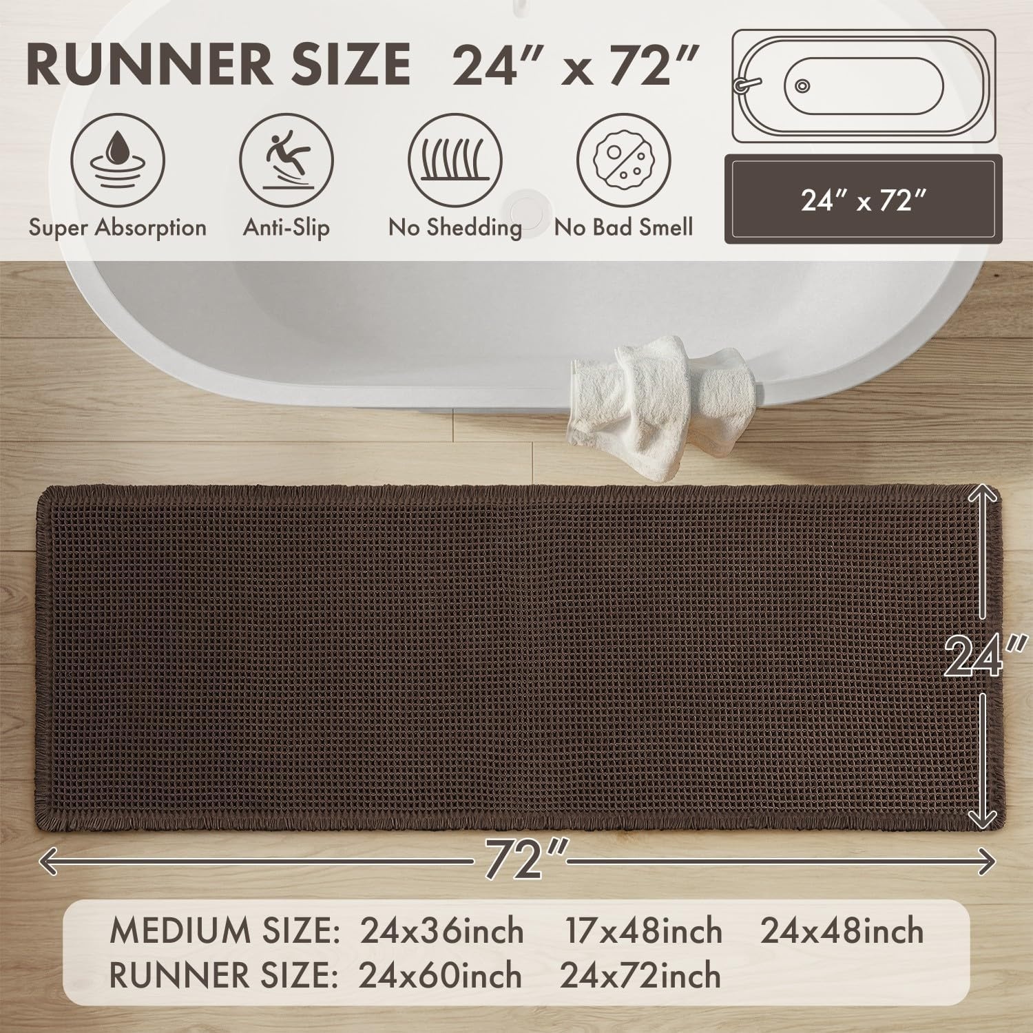 image:imageMIULEE Waffle Bathroom Runner Rugs Boho Large Bath Mat 2x524x60 Green Super Absorbent Non Slip Upgraded Soft Quick Dry Washable Bath Rug with Tassels for Hallway Laundry Room BedroomChocolate