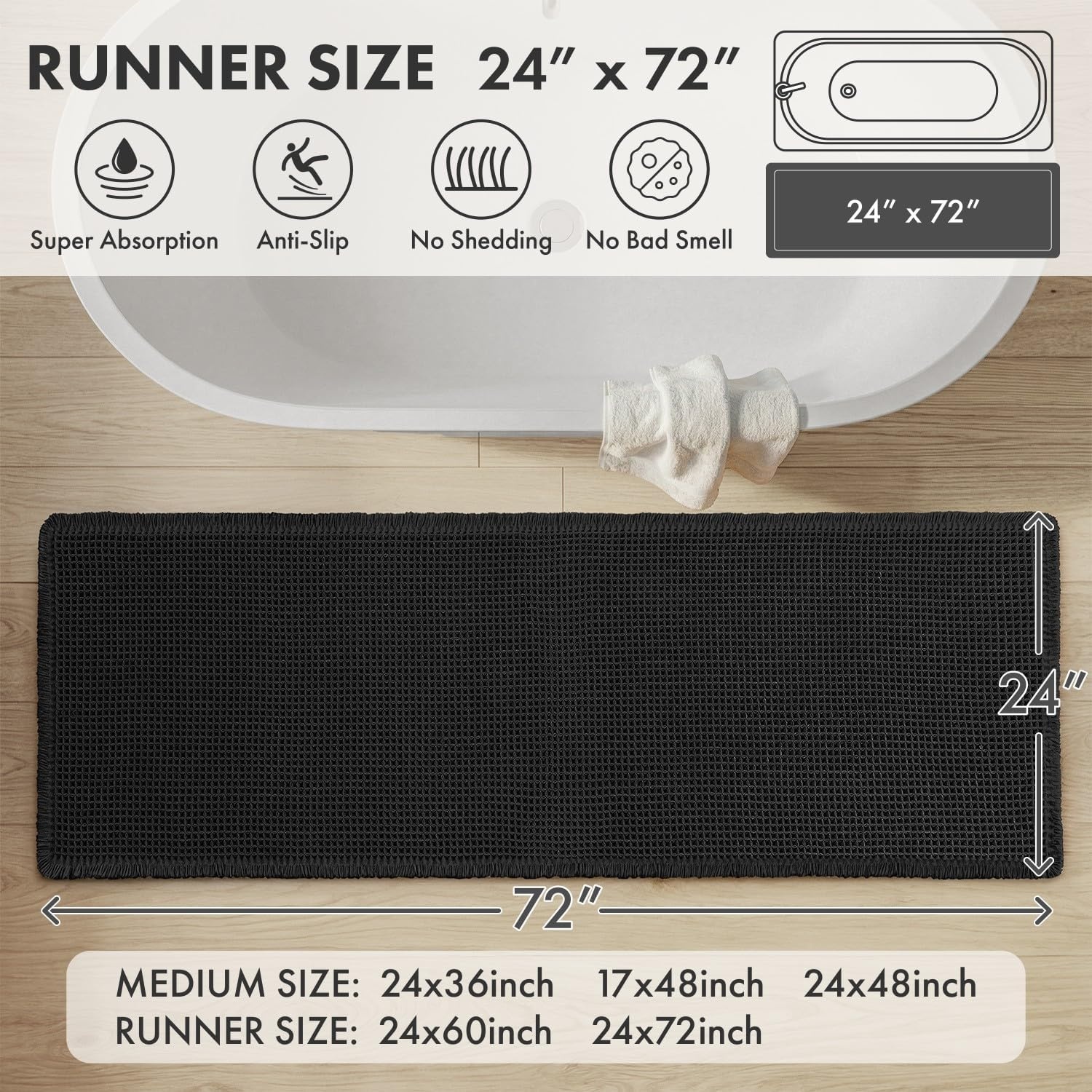 image:imageMIULEE Waffle Bathroom Runner Rugs Boho Large Bath Mat 2x524x60 Green Super Absorbent Non Slip Upgraded Soft Quick Dry Washable Bath Rug with Tassels for Hallway Laundry Room BedroomBlack