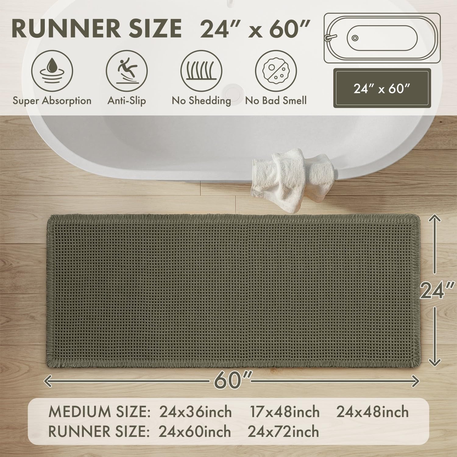 image:imageMIULEE Waffle Bathroom Runner Rugs Boho Large Bath Mat 2x524x60 Green Super Absorbent Non Slip Upgraded Soft Quick Dry Washable Bath Rug with Tassels for Hallway Laundry Room BedroomGreen