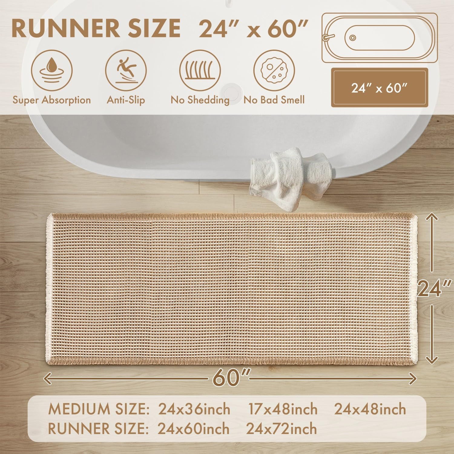 image:imageMIULEE Waffle Bathroom Runner Rugs Boho Large Bath Mat 2x524x60 Green Super Absorbent Non Slip Upgraded Soft Quick Dry Washable Bath Rug with Tassels for Hallway Laundry Room BedroomBrown White