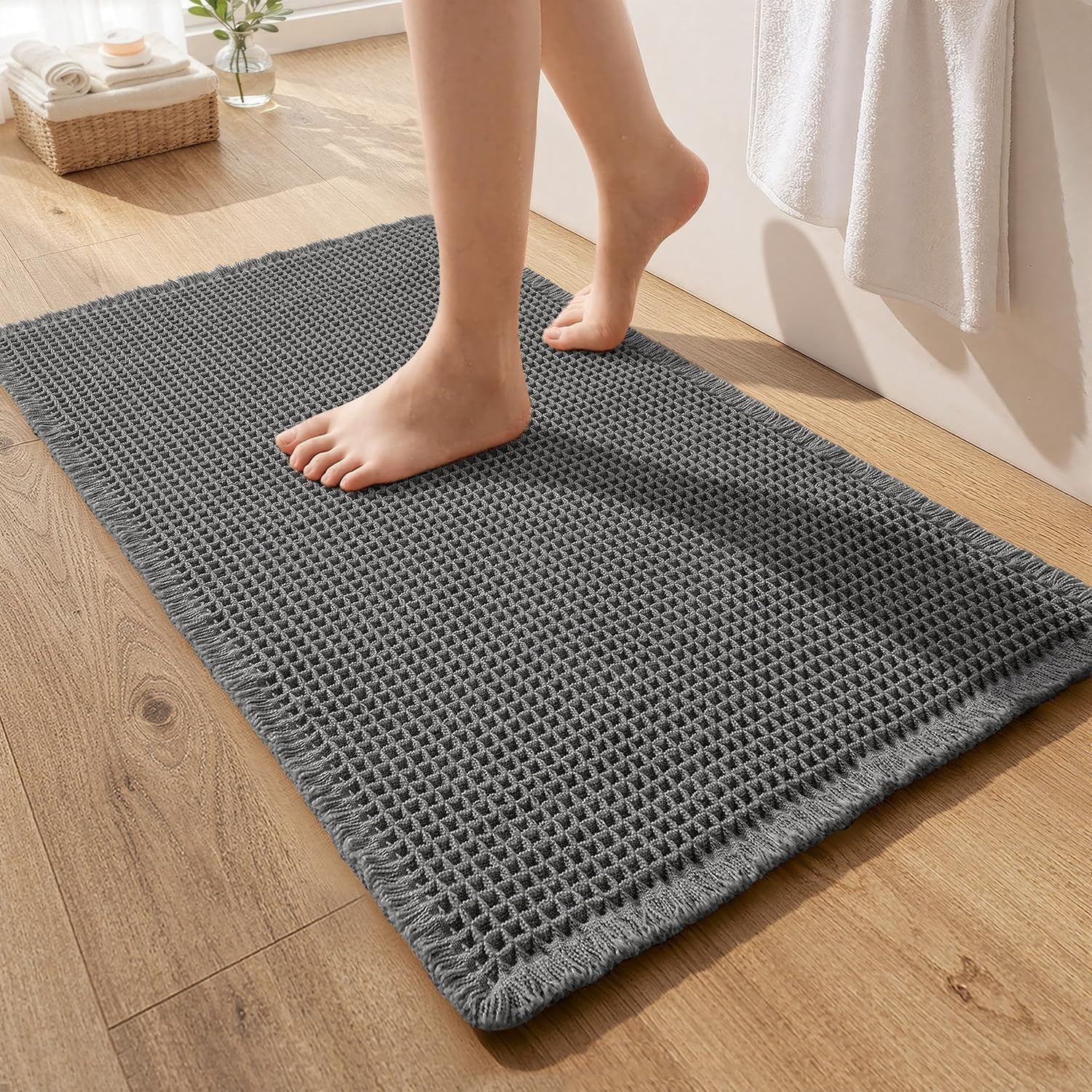image:imageMIULEE Waffle Bathroom Runner Rugs Boho Large Bath Mat 2x524x60 Green Super Absorbent Non Slip Upgraded Soft Quick Dry Washable Bath Rug with Tassels for Hallway Laundry Room BedroomDark Grey