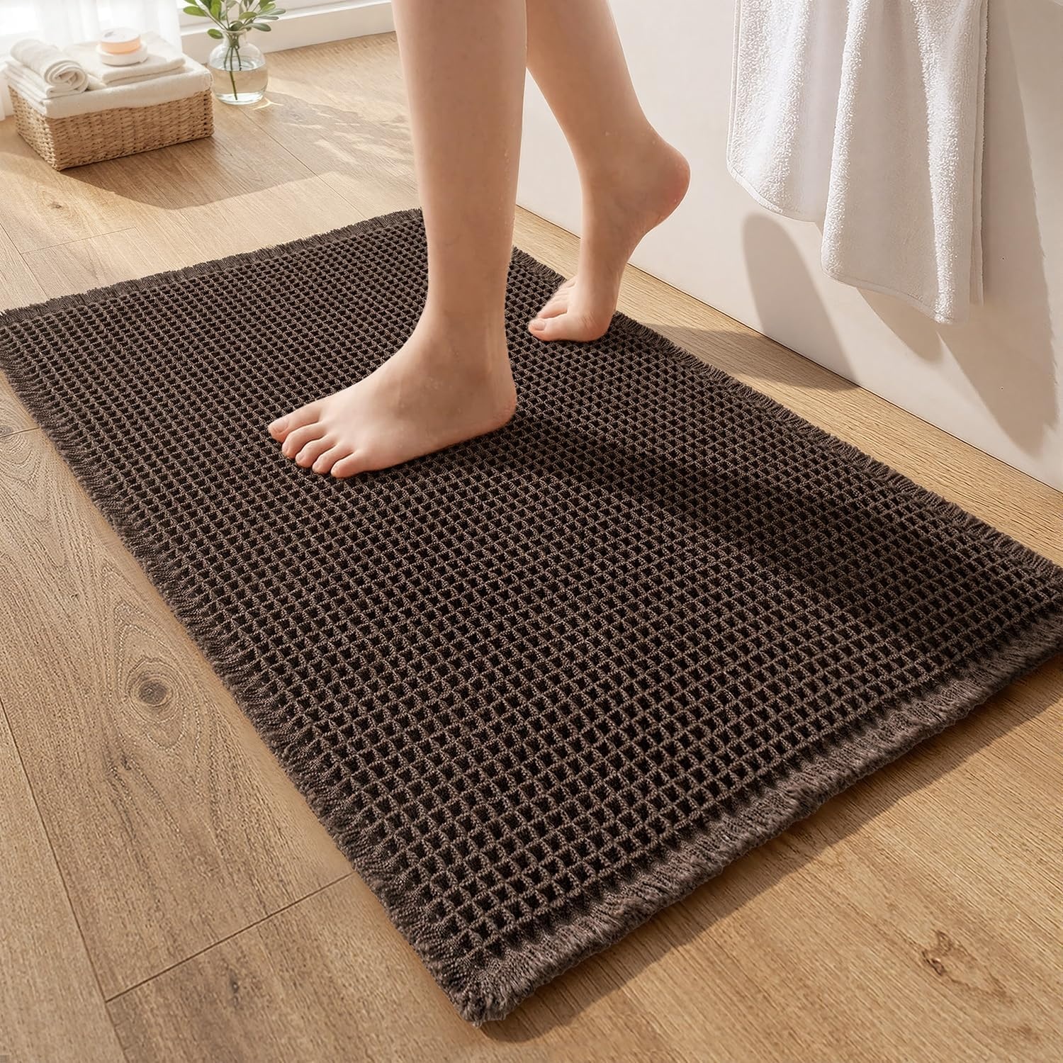 image:imageMIULEE Waffle Bathroom Runner Rugs Boho Large Bath Mat 2x524x60 Green Super Absorbent Non Slip Upgraded Soft Quick Dry Washable Bath Rug with Tassels for Hallway Laundry Room BedroomChocolate