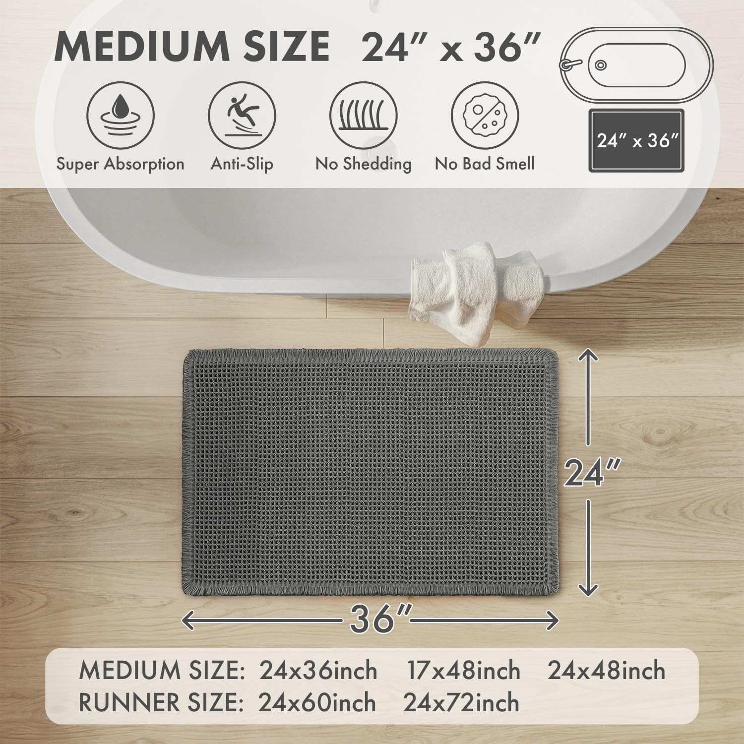 image:imageMIULEE Waffle Bathroom Runner Rugs Boho Large Bath Mat 2x524x60 Green Super Absorbent Non Slip Upgraded Soft Quick Dry Washable Bath Rug with Tassels for Hallway Laundry Room BedroomDark Grey
