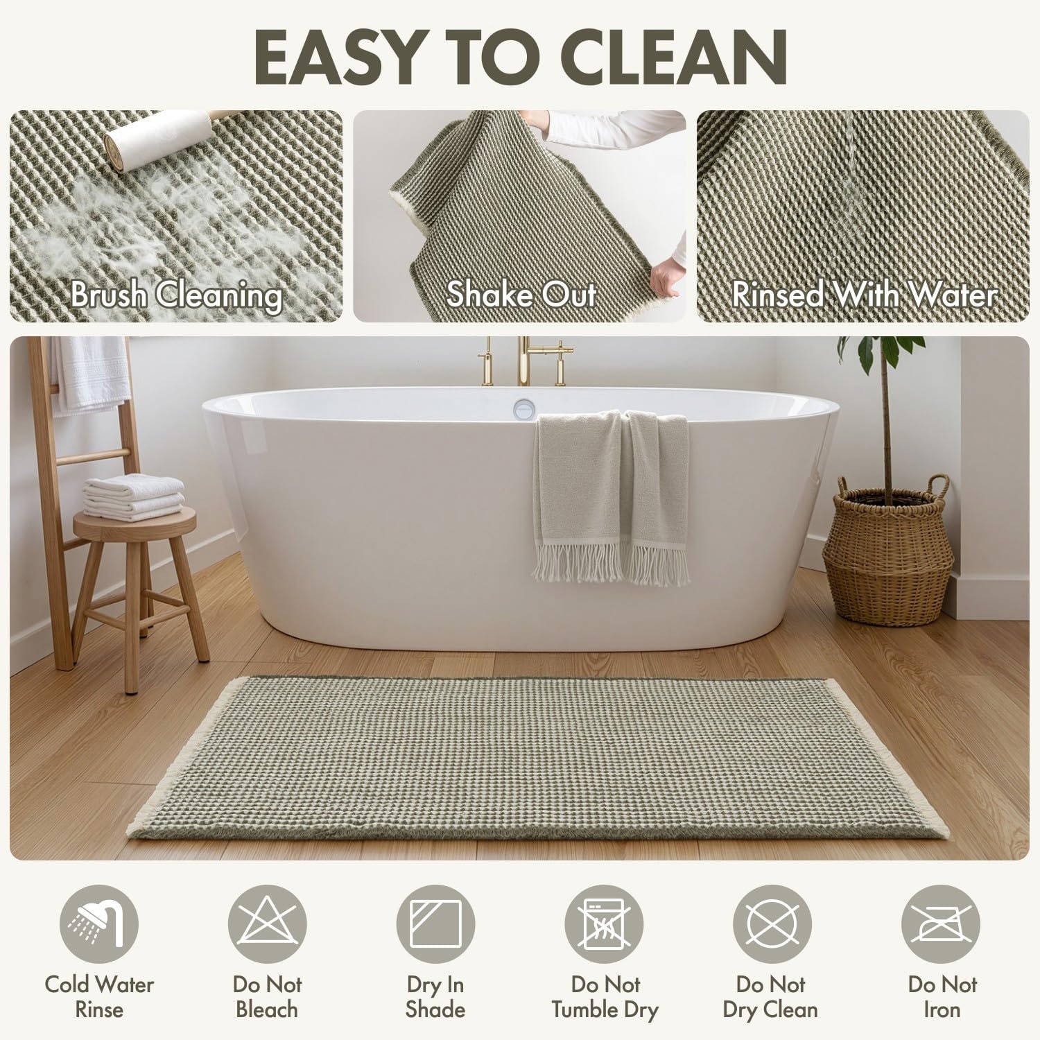 image:imageMIULEE Waffle Bathroom Runner Rugs Boho Large Bath Mat 2x524x60 Green Super Absorbent Non Slip Upgraded Soft Quick Dry Washable Bath Rug with Tassels for Hallway Laundry Room BedroomGreen Cream