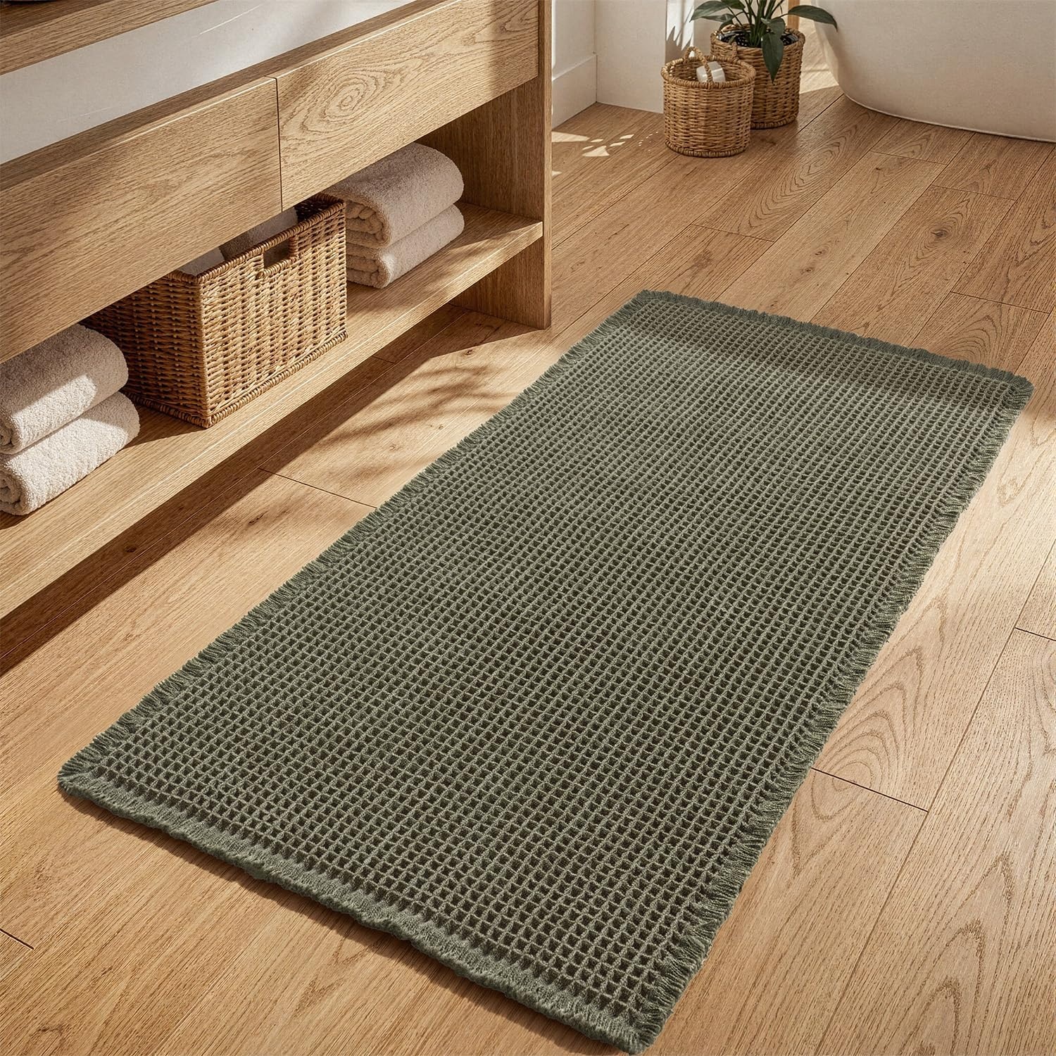 image:imageMIULEE Waffle Bathroom Runner Rugs Boho Large Bath Mat 2x524x60 Green Super Absorbent Non Slip Upgraded Soft Quick Dry Washable Bath Rug with Tassels for Hallway Laundry Room BedroomGreen