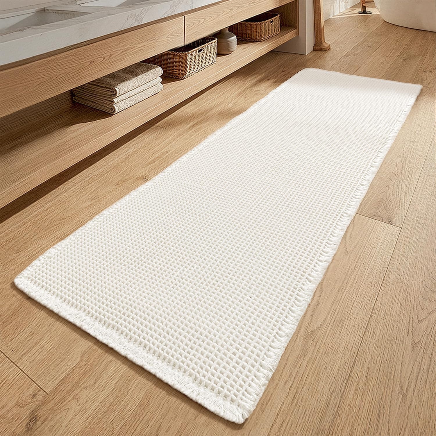 image:imageMIULEE Waffle Bathroom Runner Rugs Boho Large Bath Mat 2x524x60 Green Super Absorbent Non Slip Upgraded Soft Quick Dry Washable Bath Rug with Tassels for Hallway Laundry Room BedroomWhite