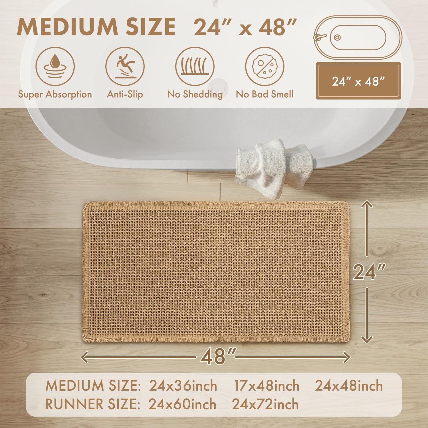 image:imageMIULEE Waffle Bathroom Runner Rugs Boho Large Bath Mat 2x524x60 Green Super Absorbent Non Slip Upgraded Soft Quick Dry Washable Bath Rug with Tassels for Hallway Laundry Room BedroomBrown