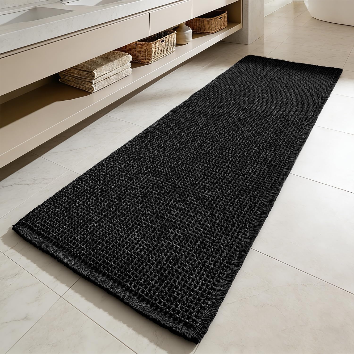 image:imageMIULEE Waffle Bathroom Runner Rugs Boho Large Bath Mat 2x524x60 Green Super Absorbent Non Slip Upgraded Soft Quick Dry Washable Bath Rug with Tassels for Hallway Laundry Room BedroomBlack